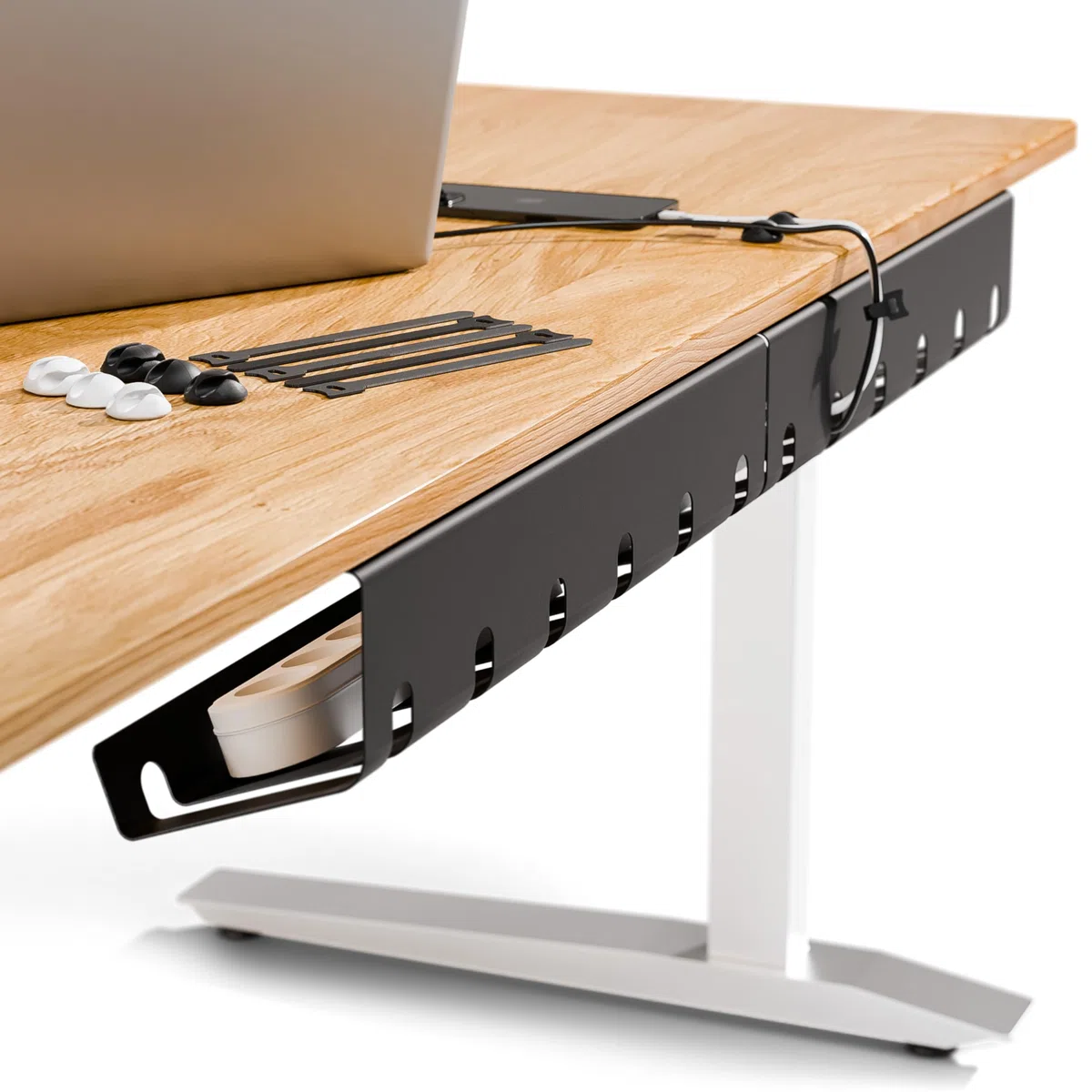 PAMO Kabelkanal Schreibtisch schwarz 2er Set - inkl. 10x Klett Kabelbinder und Kabel-Clips - einfache Installation inkl. Schrauben - Schreibtisch Organizer für Büro und Home Office