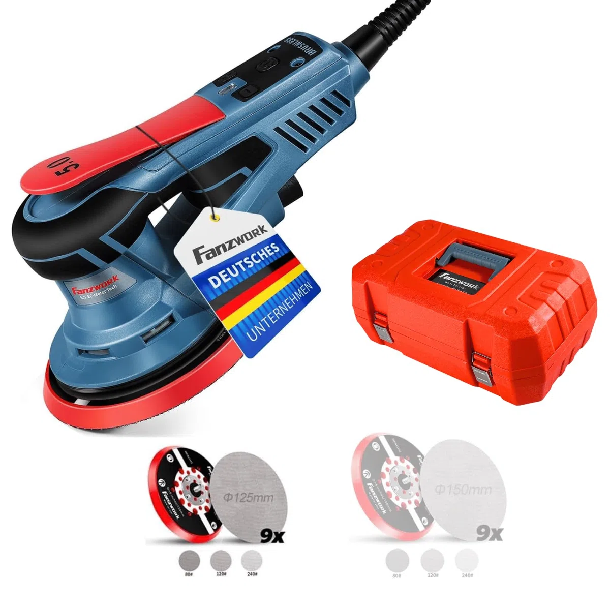 FANZWORK Bürstenloser Exzenterschleifer HG0024,mit 125mm/150mm Schleifteller,5mm Schleifhub, 7-Stufiger Drehzahlregelung bis 10.000 U/min, TELLER-BREMSE, 18x Schleifgitter, Tragkoffer