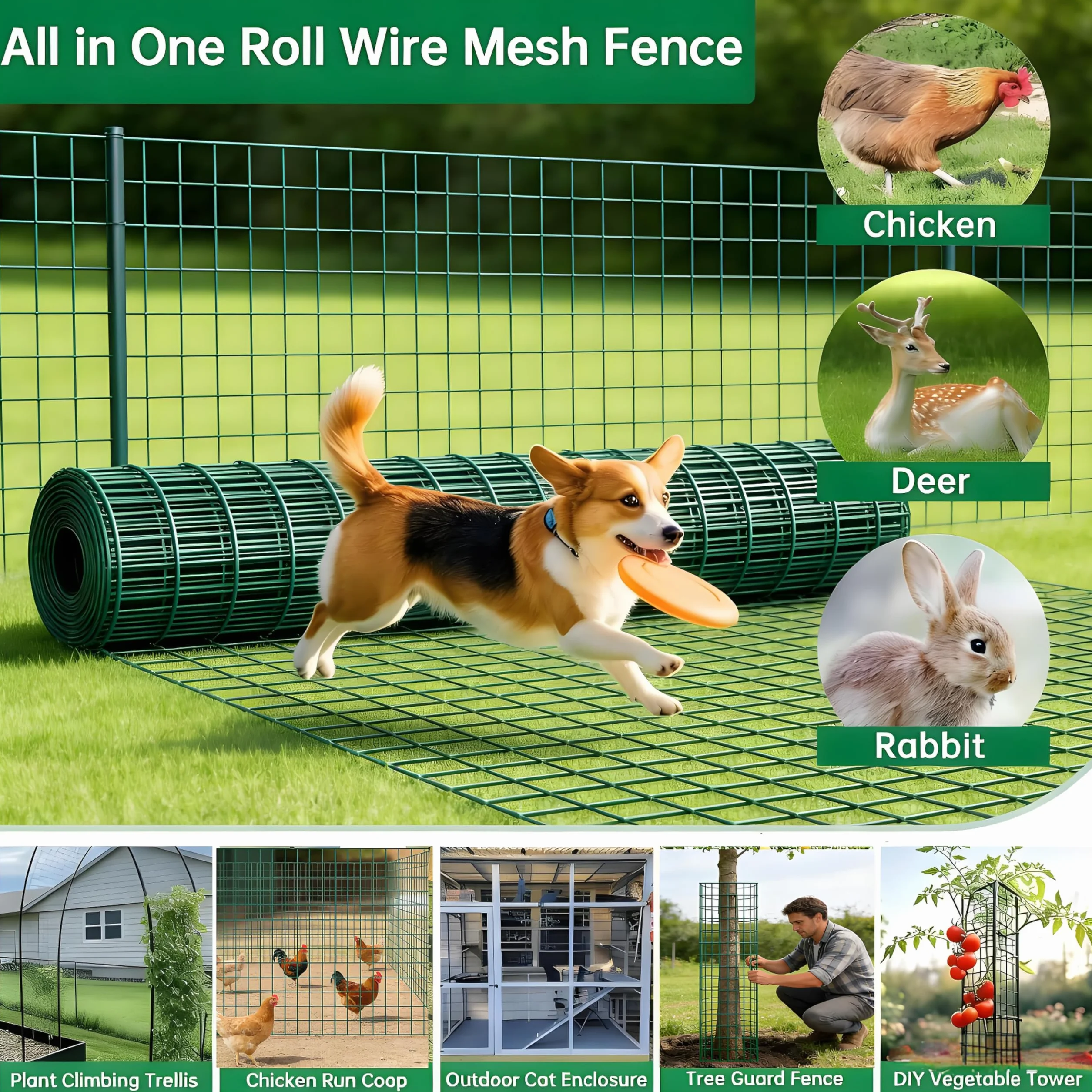 Amagabeli 1.14M x 10M Drahtzaun Grün | Gartenzaun aus Stahl mit PVC-Beschichtung | Maschendraht 50x75 mm | Sichtschutz, Hundegitter, Geflügelzaun, Kaninchendraht, Wildschutz