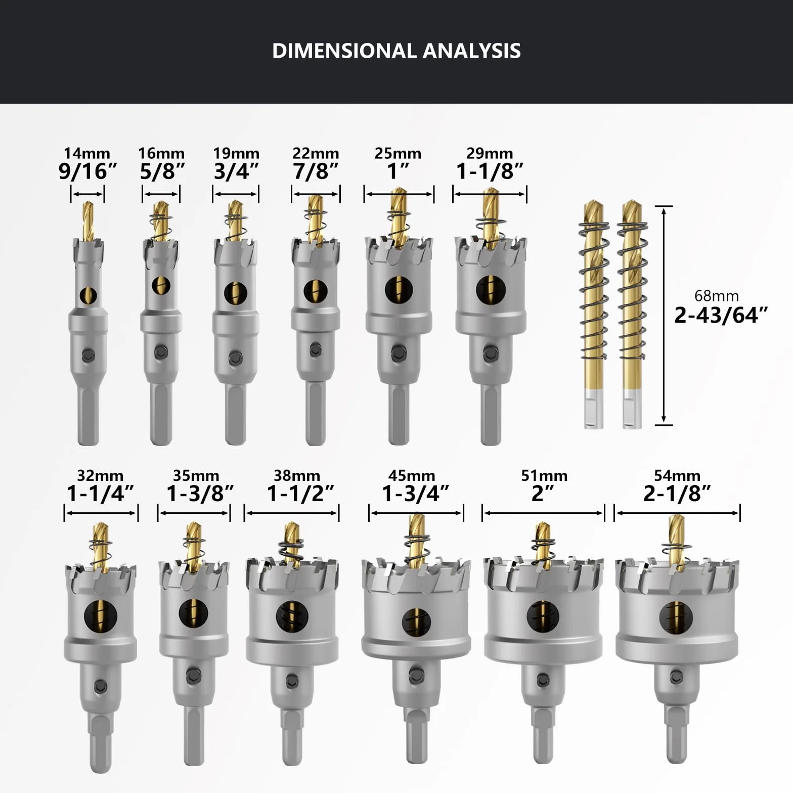 CSOOM Upgrade Hochleistungs-Hartmetall-Lochsäge 14 stück,TCT Lochschneider, mit 2 * Extra Titan-beschichtete Pilot-Center-Bohrer und 2 * L-Schlüssel.Edelstahl und Metallgitter sind die ideale Wahl