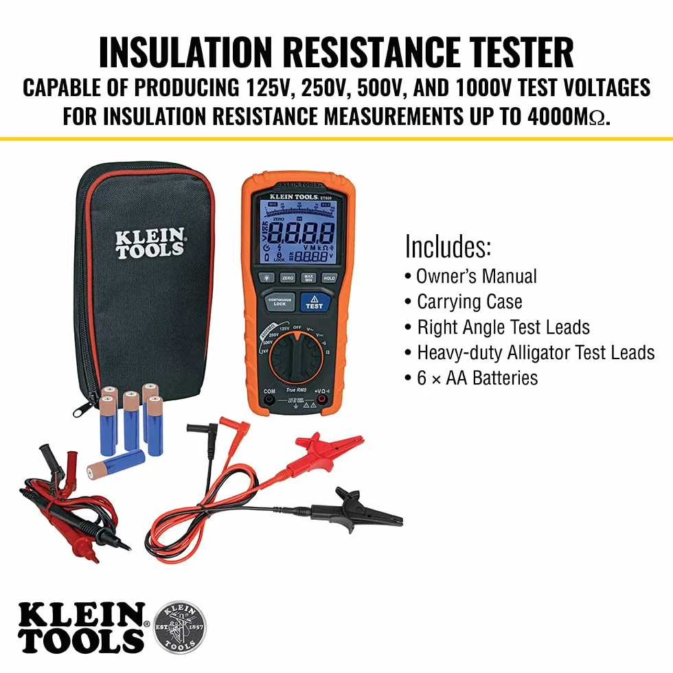 Klein Tools ET600 Isolationsprüfgerät | Bis 4000 MΩ | 125 V 250 V 500 V und 1000 V Prüfspannung | TRMS | CAT IV 600 V CAT III 1000 V