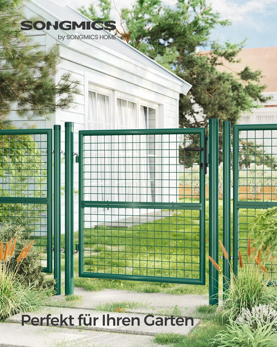 SONGMICS Gartentor, Gartentür, verzinkter Stahl, robust und langlebig, abschließbar, rundes Rohr, Tür 87 x 100 cm, 106 x 100 cm (B x H), grün GGD150G01