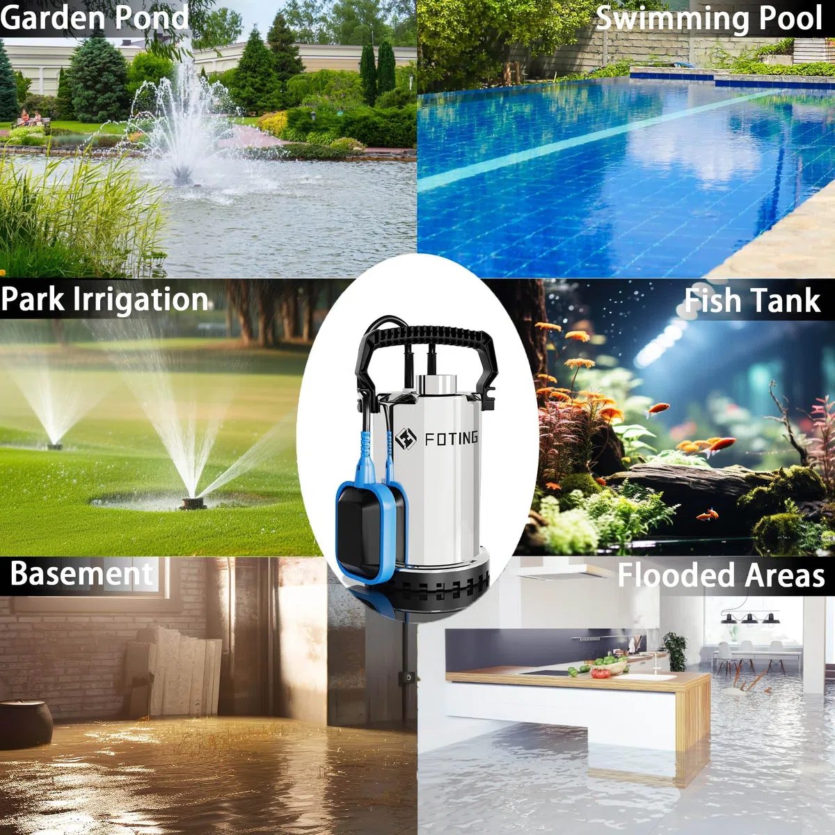 FOTING Edelstahl Tauchpumpe 400W 8250 l/h, Förderhöhe max 6.5m, Eintauchtiefe max 7m, Noryllaufrad, 10m Anschlusskabel, einstellbarer Schwimmerschalter, Portable Sump for Pool Draining
