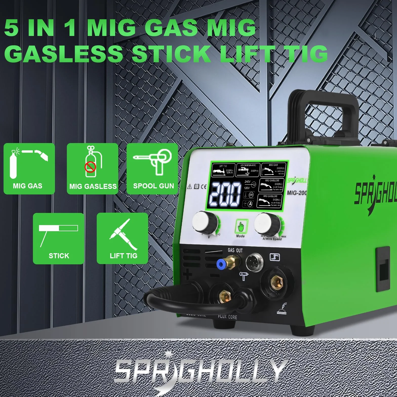 200A 240V 5-in-1 Schweißgerät: MIG/MAG, Fülldraht ohne Gas, MMA, Lift TIG – kompatibel mit Spool-Gun, synergische Steuerung, IGBT-Inverter, LED-Display – für Profis und Heimwerker