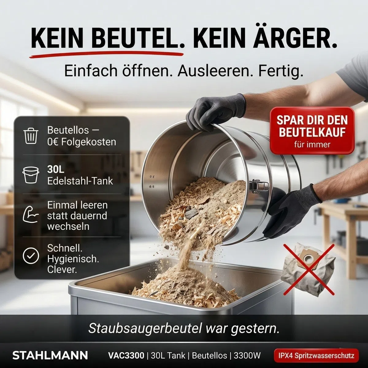 STAHLMANN VAC3300 Industriestaubsauger 3300W | Steckdose mit Automatik (2000W) | Blasfunktion | 21kPa Saugleistung | Nass- & Trockensauger 30L | Werkstattsauger ohne Beutel | Baustellen-Sauger
