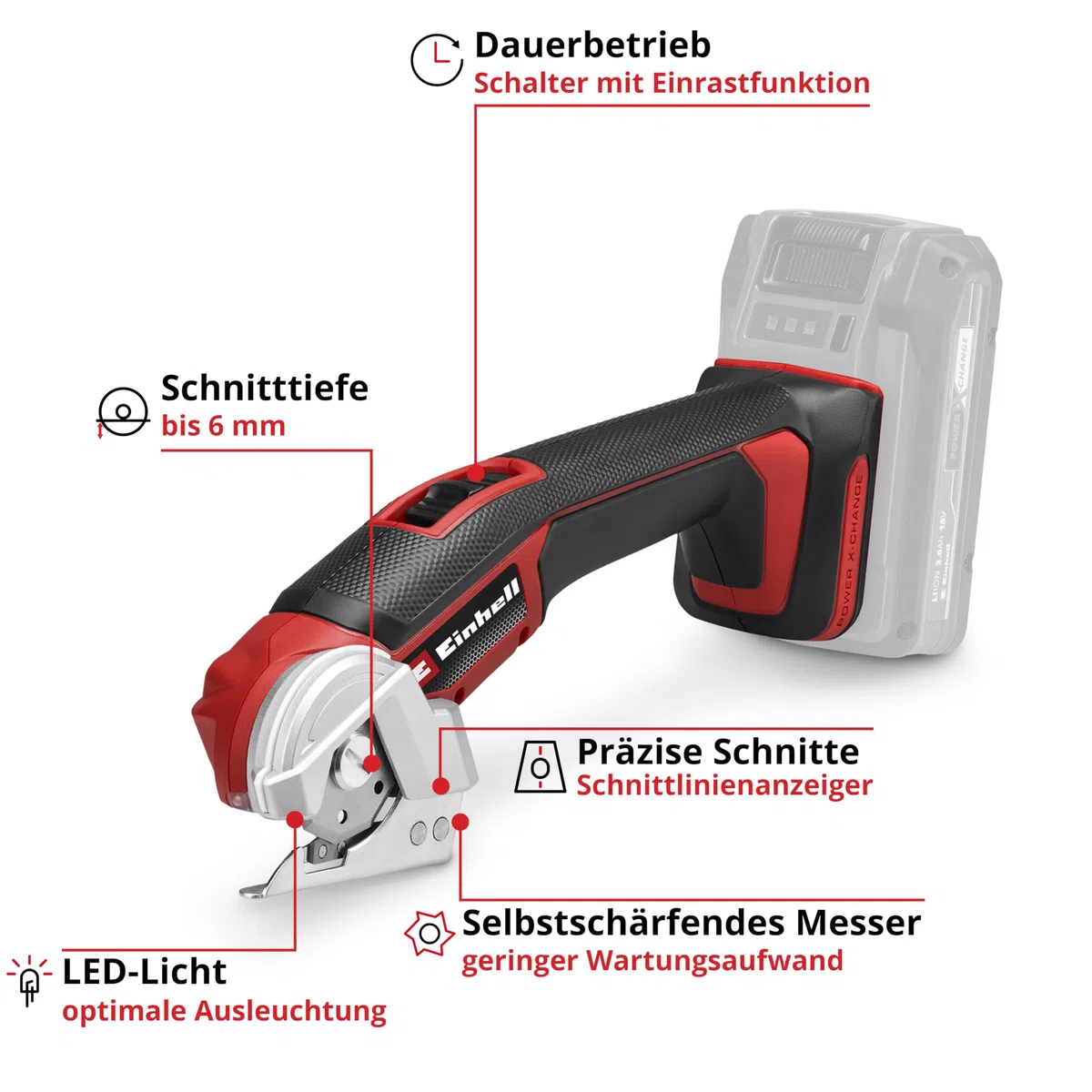 Einhell Akku-Universalschneider TE-UC 18/6 Li Power X-Change (18 V, Universalschere für Materialien bis 6 mm, LED-Licht, Schnittlinienanzeiger, inkl. 4,0Ah PLUS Akku & Ladegerät)