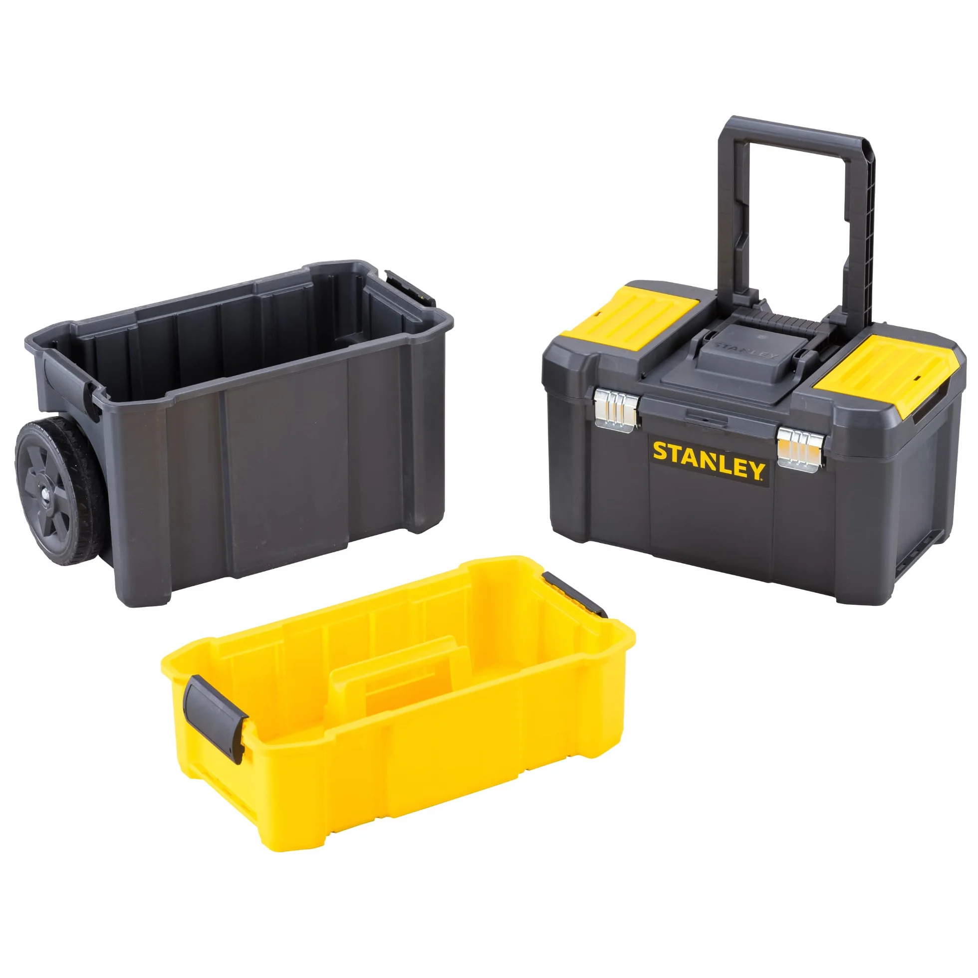 STANLEY Essential Rollende Werkstatt (3-in-1 stapelbare Boxen, leerer Werkzeugkasten, belastbar bis zu 20kg, mit Metallverschlüsse, Organizer für Kleinteile im Deckel) STST1-80151