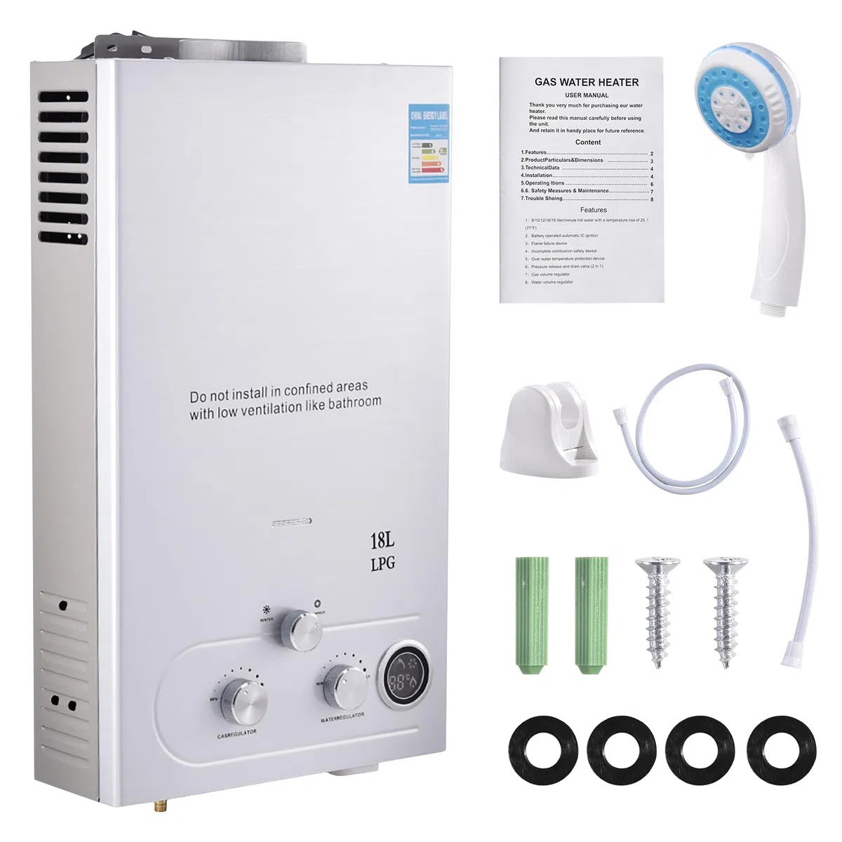 18L Gas Durchlauferhitzer,32KW LPG Propan Warmwasserbereiter Durchlauferhitzer Super Niedrigem 0,5bar Startwasserdruck, für Dusche & Täglichen Gebrauch Campingausflüge Silber