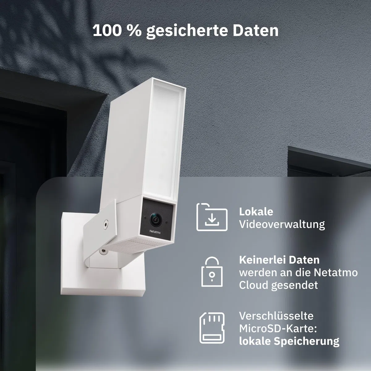 NETATMO Überwachungskamera für den Außenbereich, 2SD, WLAN 5 GHz, 2K HDR, KI-Erkennung Personen/Fahrzeuge/Tiere, LED-Flutlicht 12 W, Sirene 105 dB, lokale Speicherung, ohne Abonement, Weiße, NOC-2-AMZ