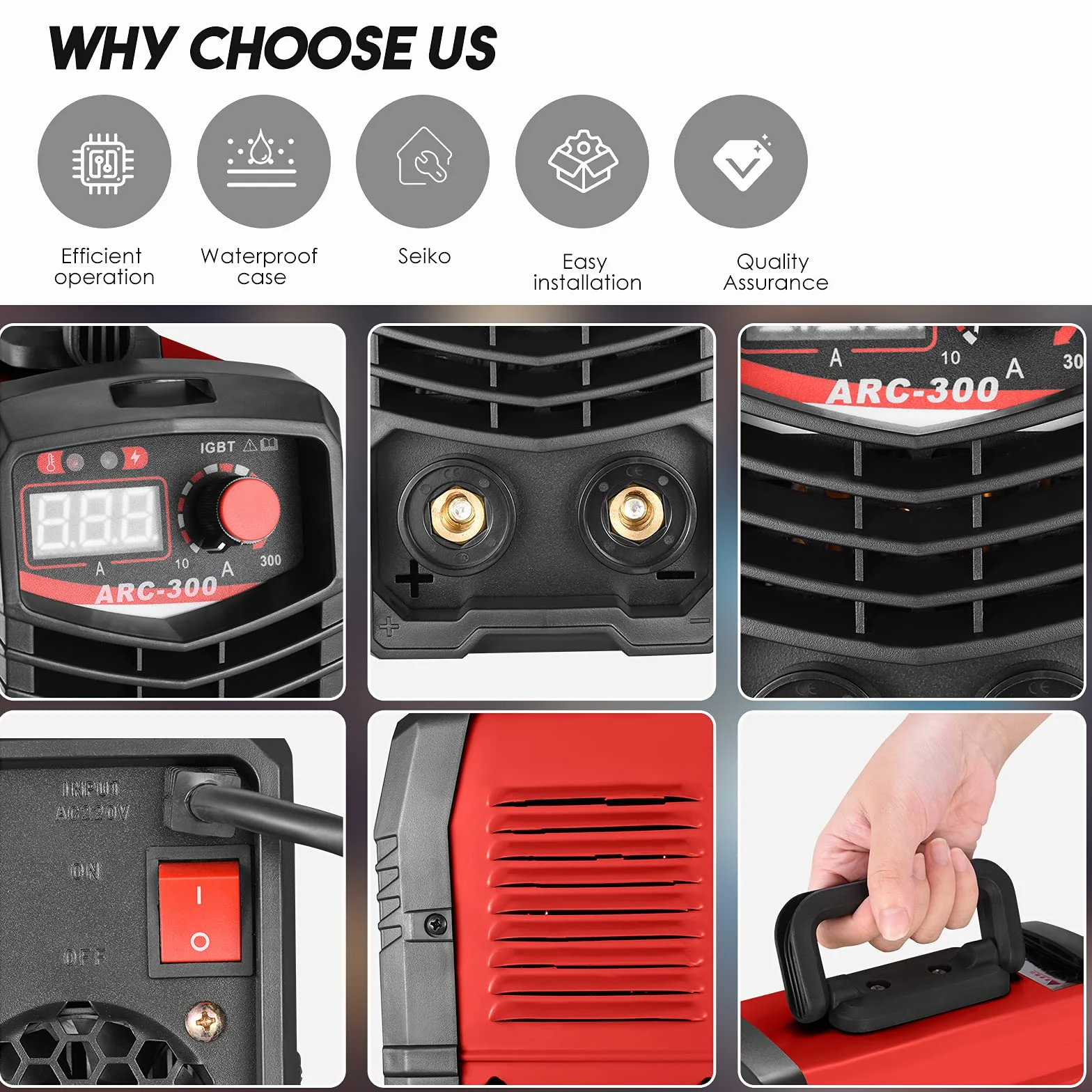 IGBT Inverter Schweißgerät 300A ARC MMA Elektroden Schweißgerät mit LCD Display tragbar 220V inkl. Schweißbrenner Masseklemme Schutzbrille Handschuhe Bürste und Stabelektroden-Rot