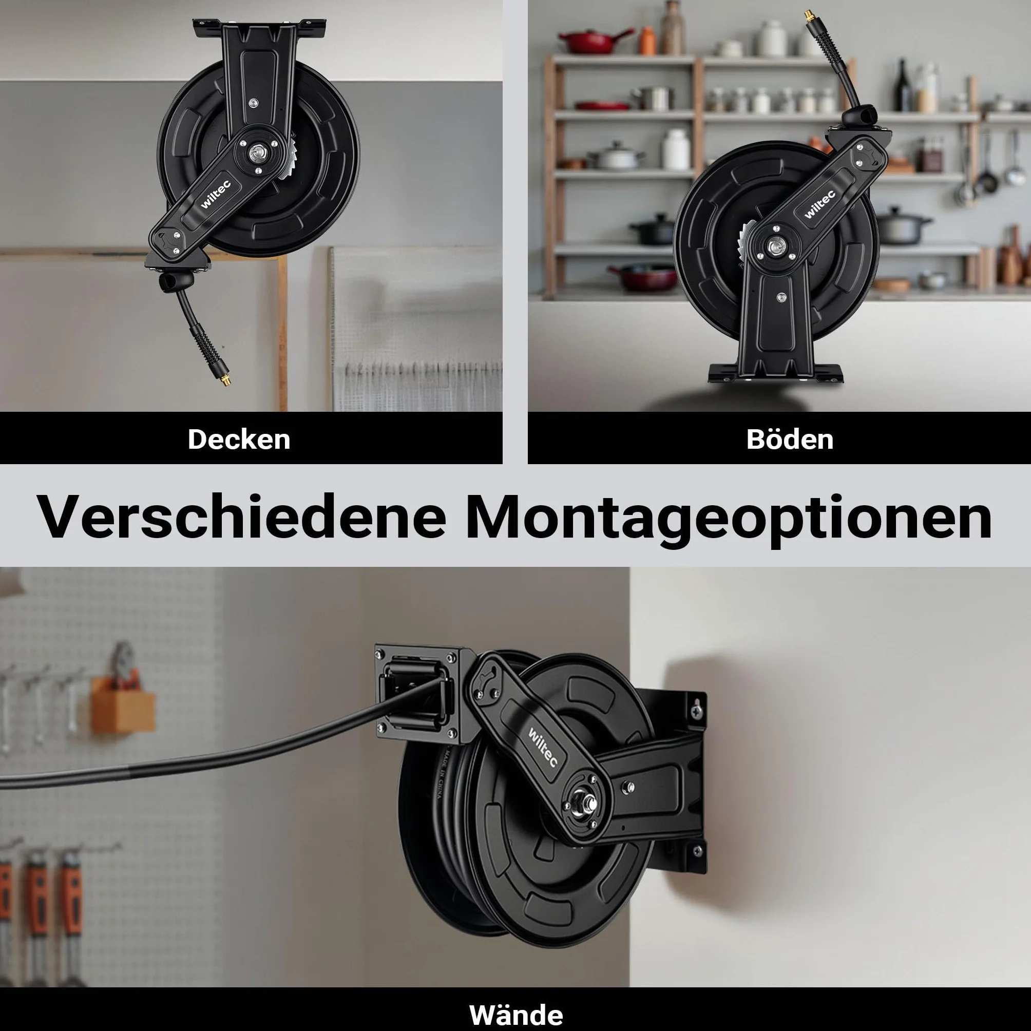 Wiltec Druckluft Schlauchtrommel 20 m, automatische Druckluftschlauchtrommel Stahl, 20 bar Drucklufttrommel, Schlauchaufroller einfache Montage