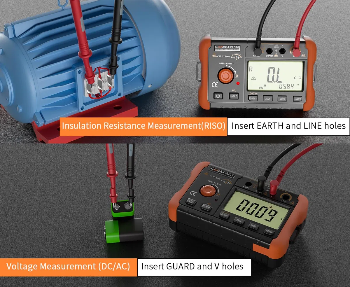 LEAGY VAD78 Digitales Isolationswiderstandsmessgerät - Präzisions-Megohmmeter für Gleich-/Wechselspannungsprüfung (20-1500V, 20-750V) und Widerstandsmessung (0-5000 Megohm)