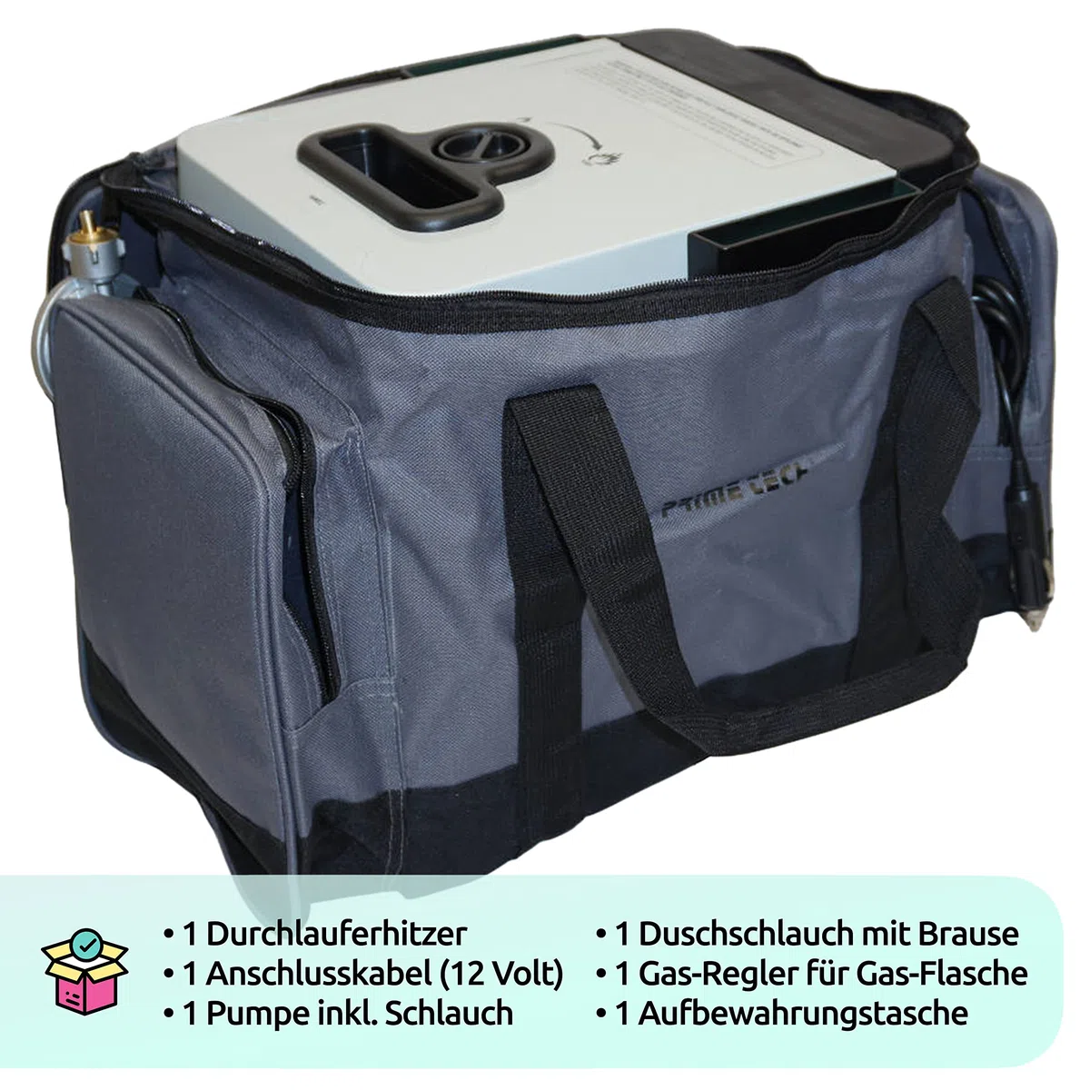Prime Tech | Mobiler Gas-Durchlauferhitzer 12V 5kW | Warmwasserbereiter mit Duschbrause & Zubehör | Warmduscher für Camping, Outdoor & Vanlife | Gasbetriebener Wasserboiler mit Tasche