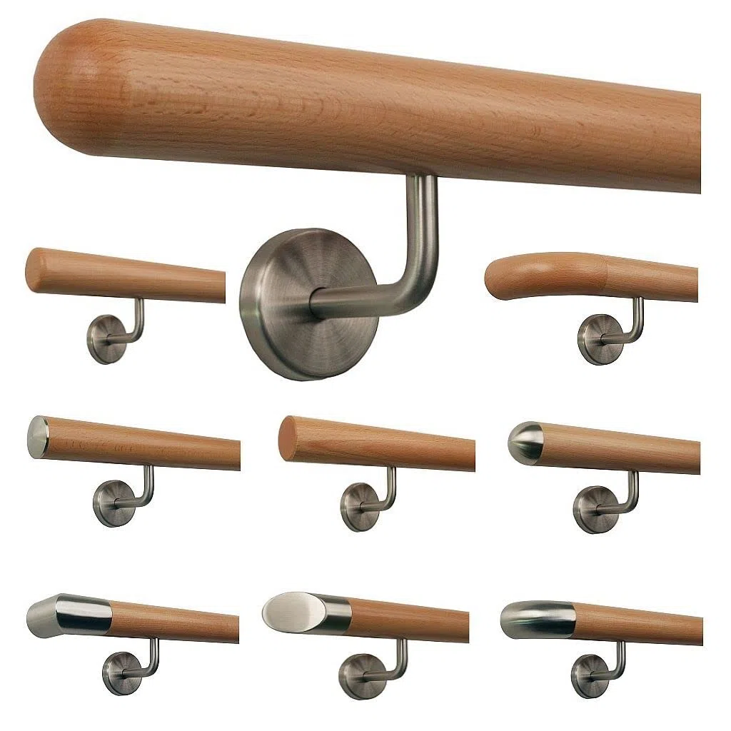 TIBU Buche Geländer Handlauf Treppe Holz Griff gew. Edelstahlhalter, Länge 30 - 500 cm aus einem Stück / Variante:150 cm mit 3 Halter Halbkugel gefräst