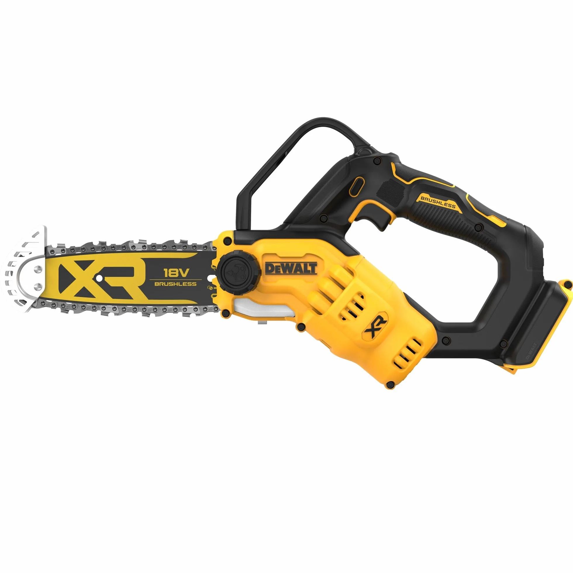 DEWALT 18 Volt Akku-Astsäge (20 cm Schwert, bürstenloser Motor, automatische Kettenschmierung, Metallschutz an Schwertspitze, seitliche Kettenspannung, Lieferung ohne Akku & Ladegerät), DCMPS520N-XJ