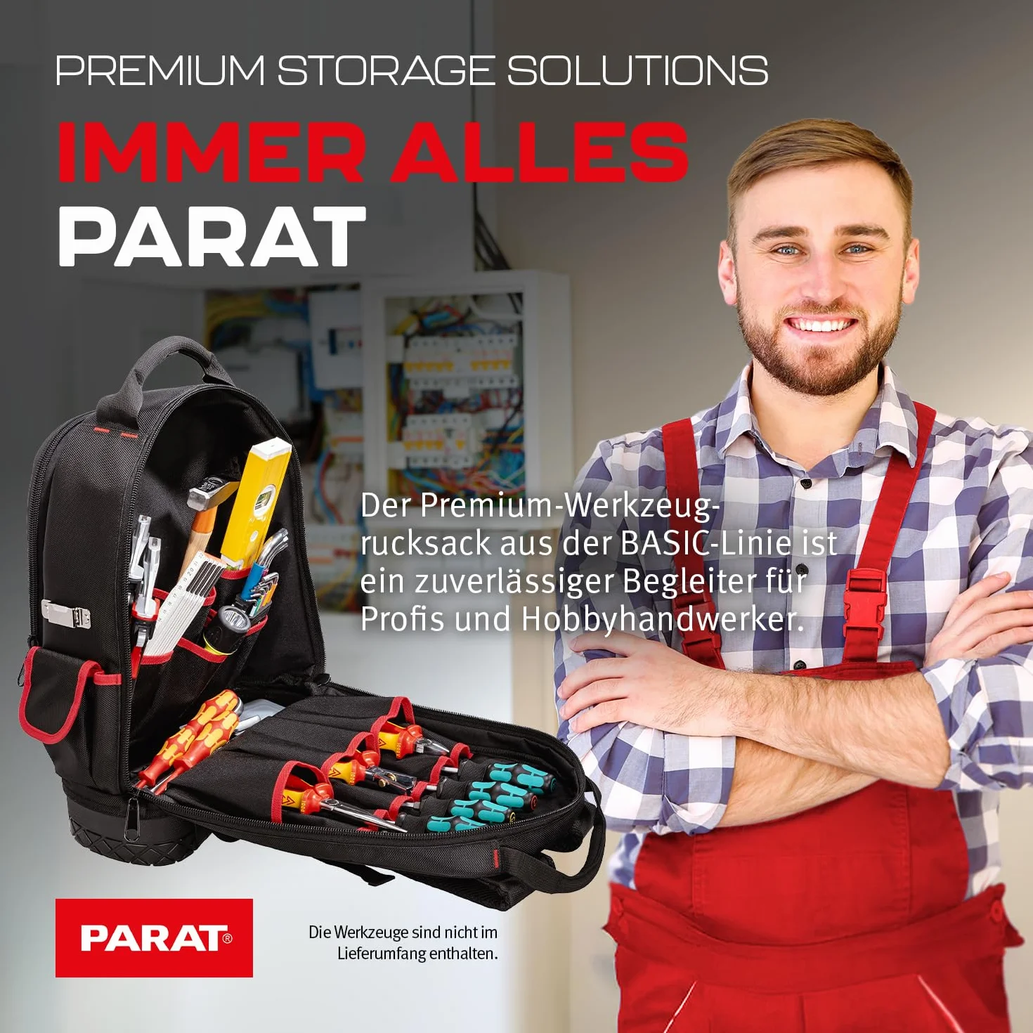 PARAT BASIC Backpack | Inkl. BASIC Roll-Up Case 8 | Werkzeugrucksack 23L für Elektriker | Robuster Nylon Rucksack | Werkzeugrucksack mit 15 Fächern & 6 Gummischlaufen | Elektriker Rucksack