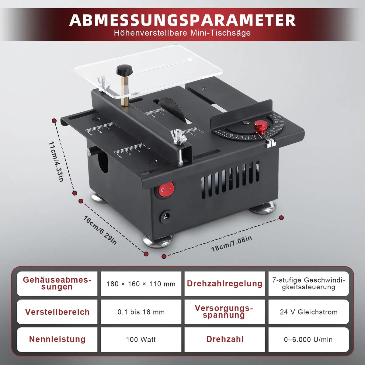Mini tischkreissäge,100W mini kreissäge mit 4 Klingen,0,1-16 mm Einstellbarer Sägeblatthöhe,7-Gang-Drehzahlregelung,Multifunktionale tischsäge mit Flexwelle & Drehscheibe für Schleifen/Polieren/Bohrer