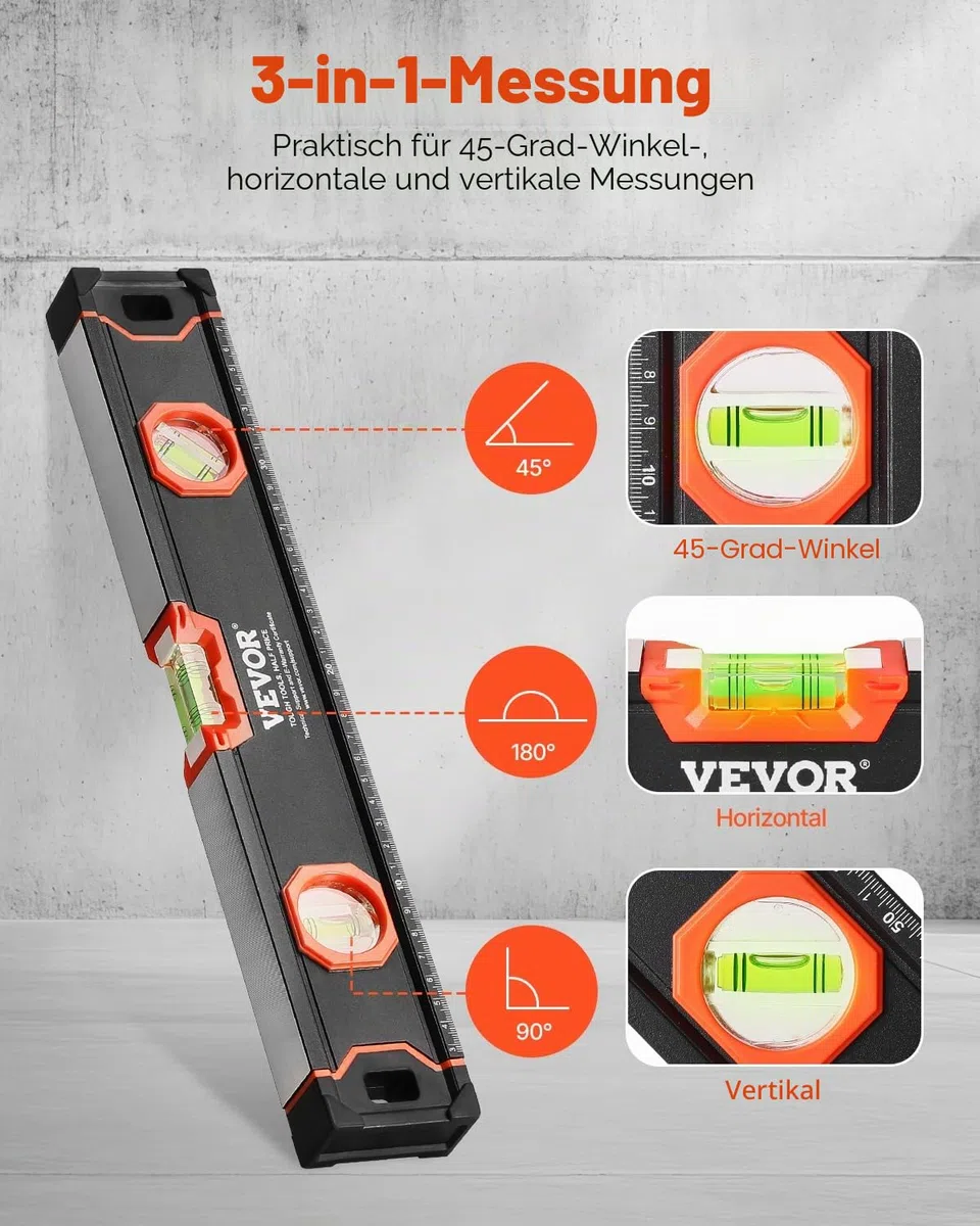VEVOR 4-teiliges Torpedo-Wasserwaagen-Set, 120/60/40/25cm alle magnetischen Wasserwaagen, Libellen-Lineal für 45/90/180 Grad, magnetisches Kasten-Werkzeug aus Aluminiumlegierung
