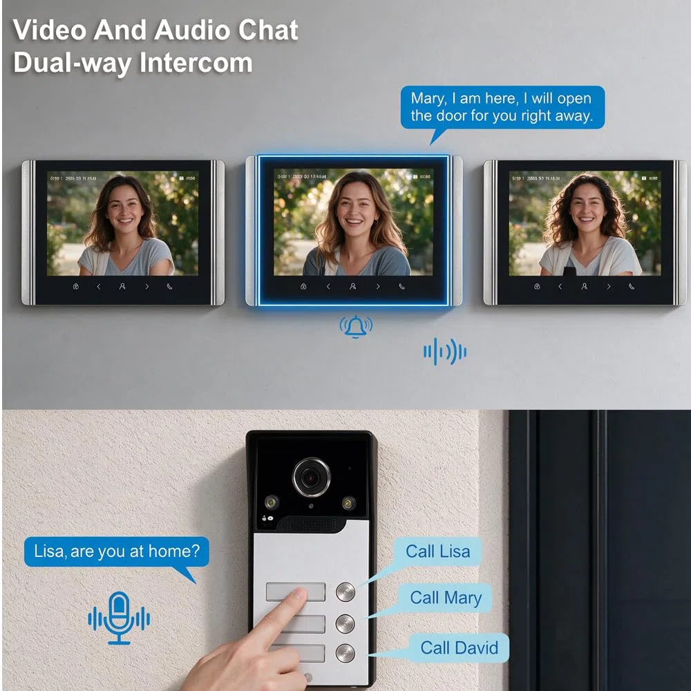 WLAN Wireless Video Türsprechanlage,1080P Außenkamera,7 Zoll AHD Touchscreen Wireless Monitor,PIR Bewegungserkennung,Nachtsicht,Tuya APP Steuerung (3 Familienhaus)