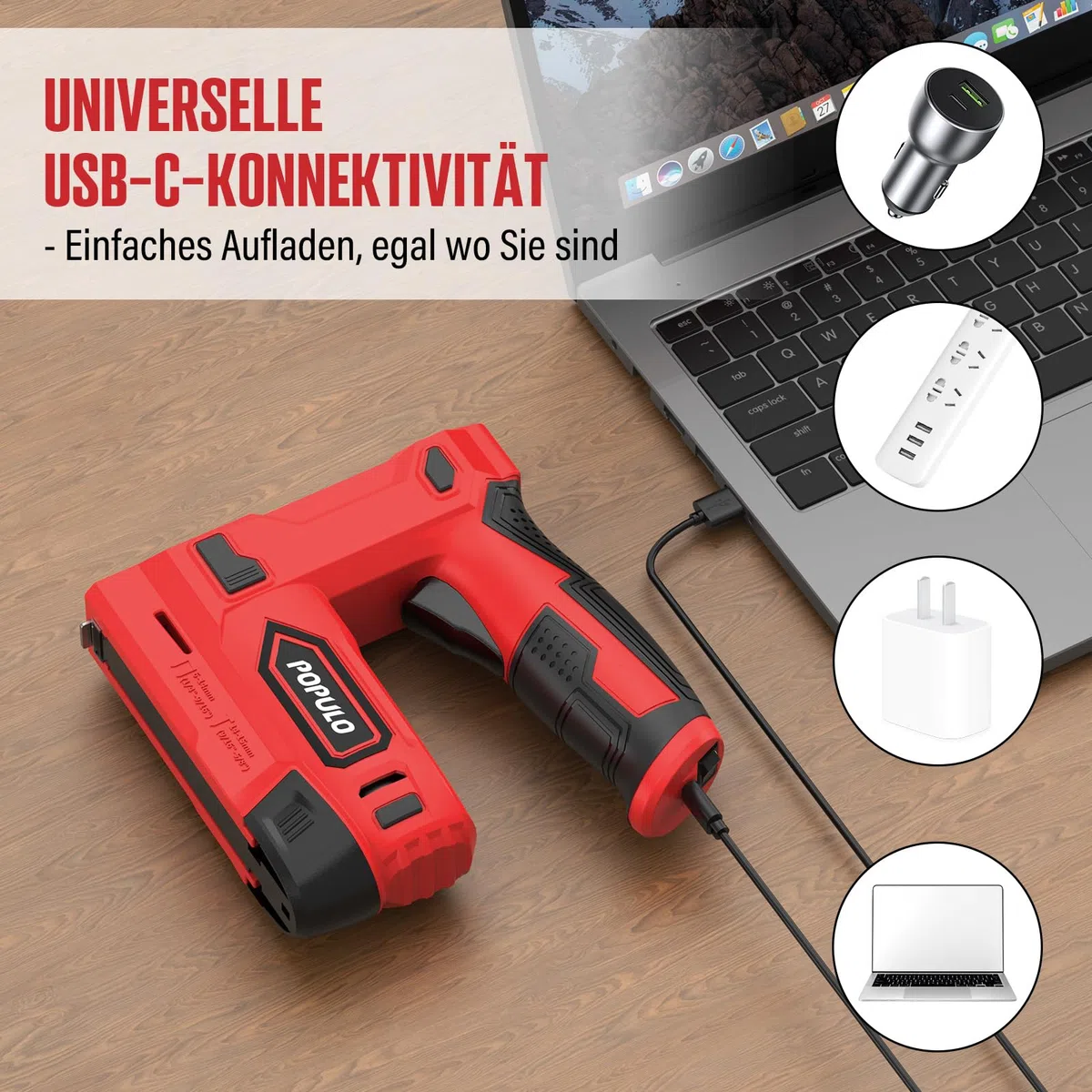 POPULO Akku Tacker, 2-in-1 Lithium-Ionen-Heftgerät, 4V Nagelgerät Set Mit Ladekabel, 1600 Heftklammern & Nägel, Power-Tacker für Bastelarbeiten, DIY und Polsterarbeiten