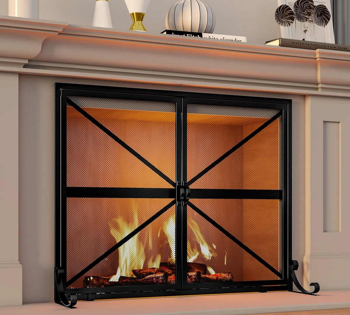 Fire Beauty Kaminschutz mit Türen, 2-teilig, handgefertigt, massives Schmiedeeisen, dekoratives Netz, babysicher, Kaminholz-Ofenzubehör (schwarz)
