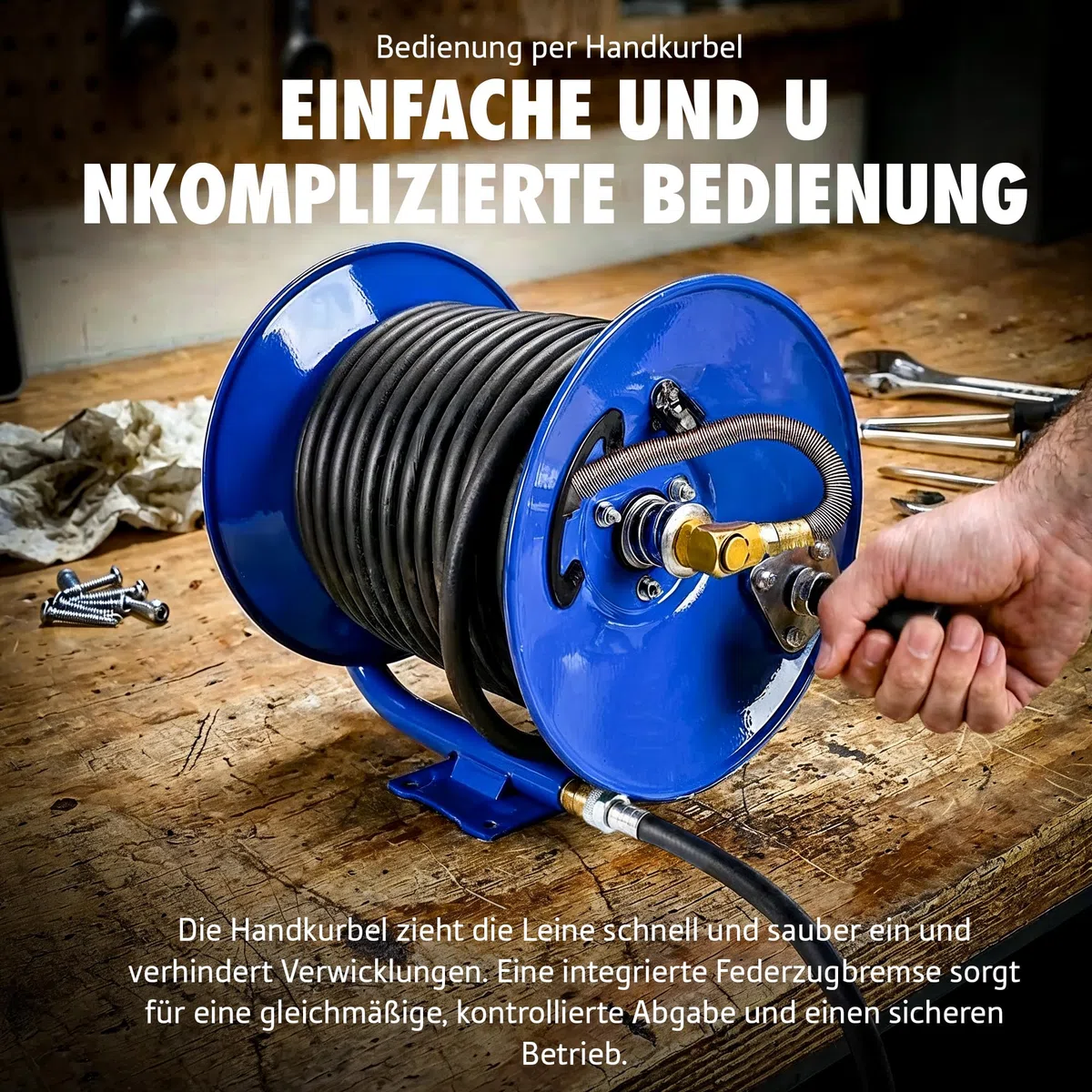 Goodyear Druckluft-Schlauchaufroller mit Handkurbel 30 m x 9,5 mm – Manuelle Schlauchtrommel aus Stahl, max. 20 Bar, Heavy Duty (Schlauch nicht enthalten)
