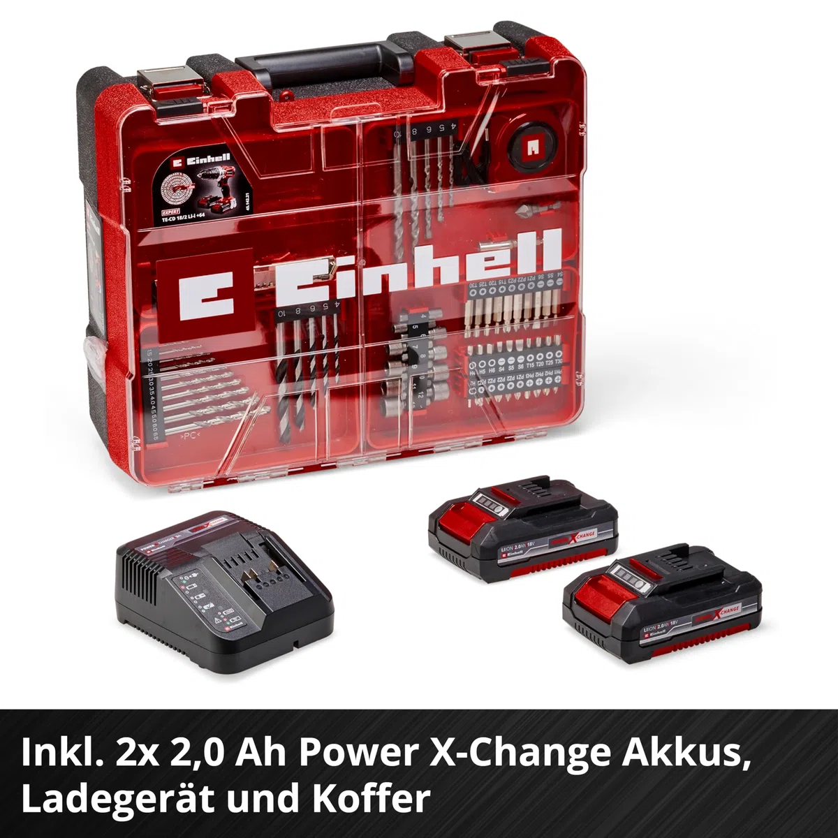 Einhell Akku-Schlagbohrschrauber TE-CD 18/2 Li-i +64 (2x2,0Ah) Power X-Change (Li-Ion, 18 V, 44 Nm, 2-Gang-Getriebe, inkl. 2x 2,0 Ah Akkus, Ladegerät, Koffer, 64-tlg. Zubehör-Set)