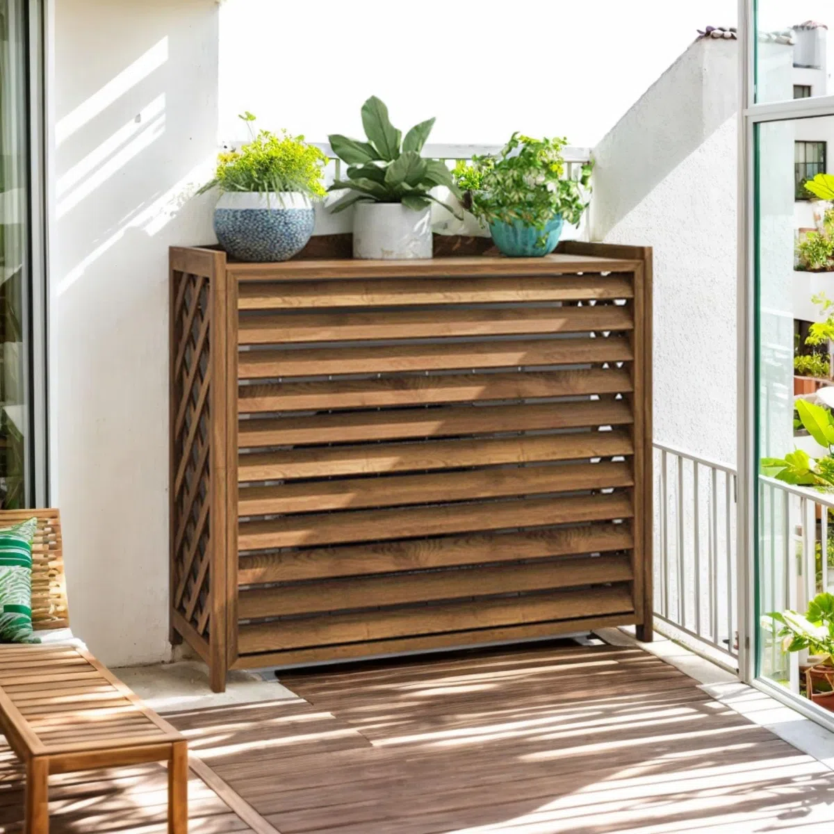 Klimaanlage Abdeckung Außengerät Holz Balkont Klimaanlage Sichtschutzzaun Holz Verkleidung Für Klimaanlagen Außengerät Und Wärmepumpen Wetterfest UV-Schutz Blumenregal(100x44x93cm)