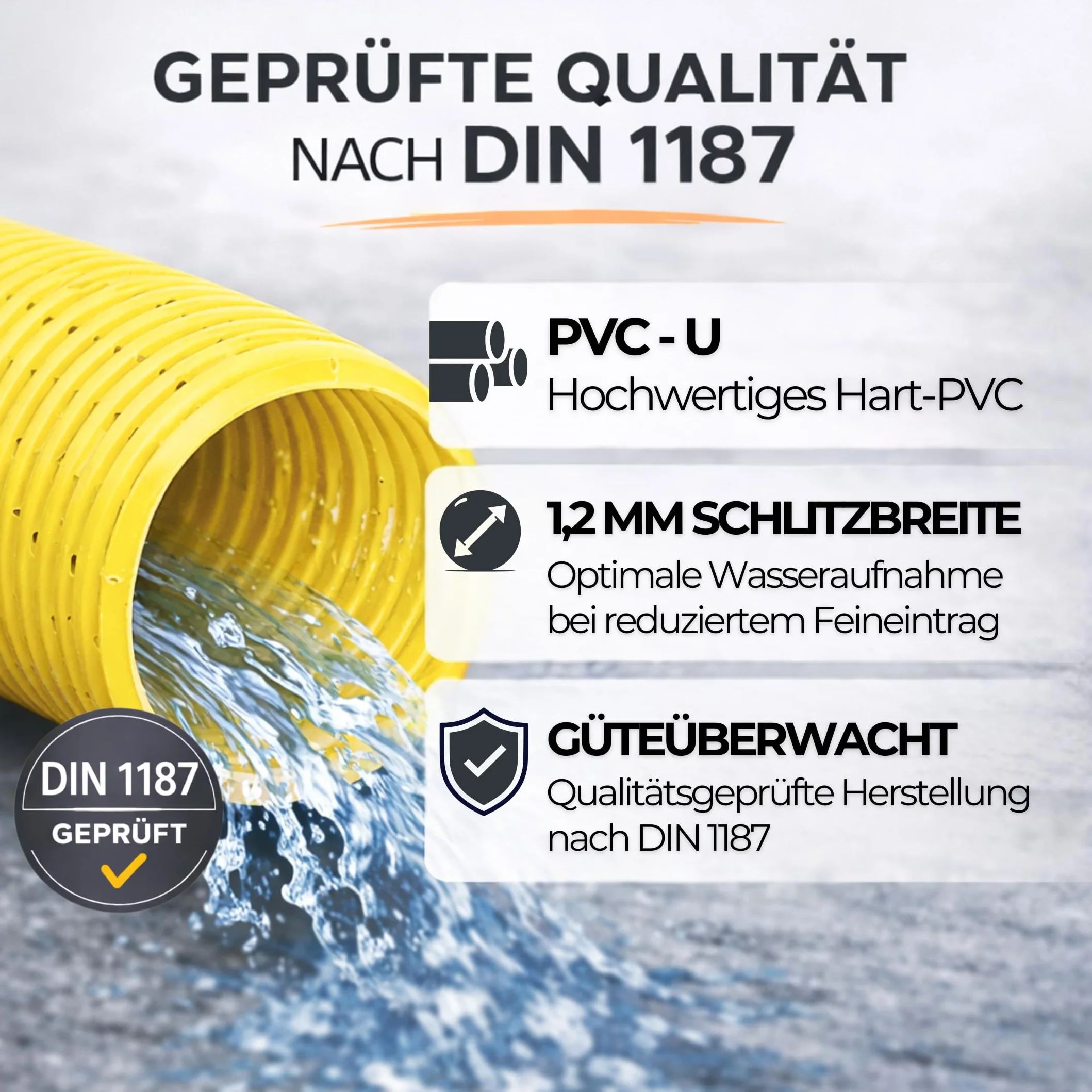 Drainagerohr DN50 20m mit Filtervlies – geschlitztes & perforiertes PVC Sickerrohr flexibel – verhindert Verstopfung und Verschlammung