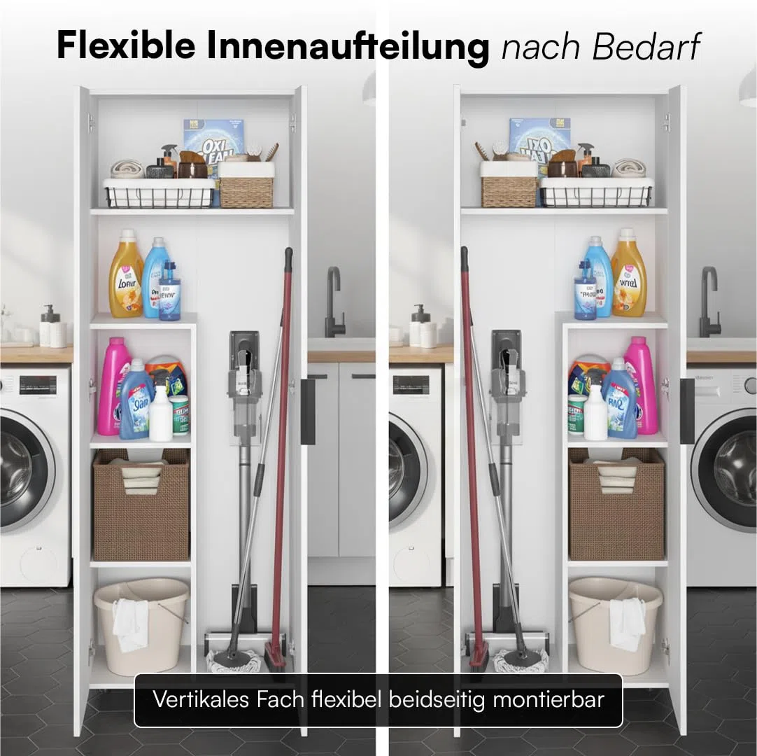Bellamio Lurio Mehrzweckschrank – weißer Besenschrank aus Holz mit schwarzem Griff – Flurschrank mit 5 Fächern inkl. Staubsaugerfach – Haushaltsschrank – Vorratsschrank – Putzschrank 176 x 33 x 60  cm