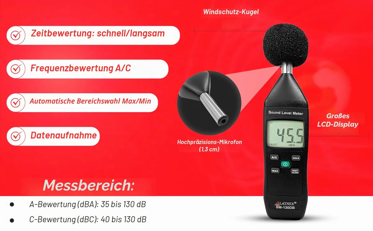 SM-130DB Digitales Dezibel-Messgerät und Schallpegelmesser Typ 2 mit Kalibrierzertifikat Messgerät für Umwelt- und mechanische Lärmmonitor - Fertigung, Büro, Klassenzimmer