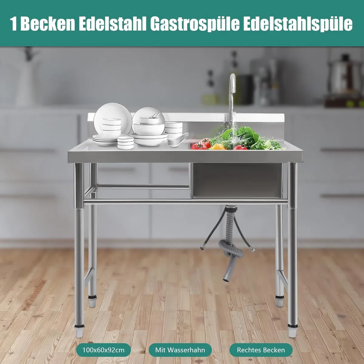 Küchenspüle,Spülbecken 1 Becken Rechts Spültisch Gastrospüle Spülbecken Edelstahlspüle Gastro Gastronomie Spüle Arbeitstisch Waschbecken Edelstahl,100cmx60cm