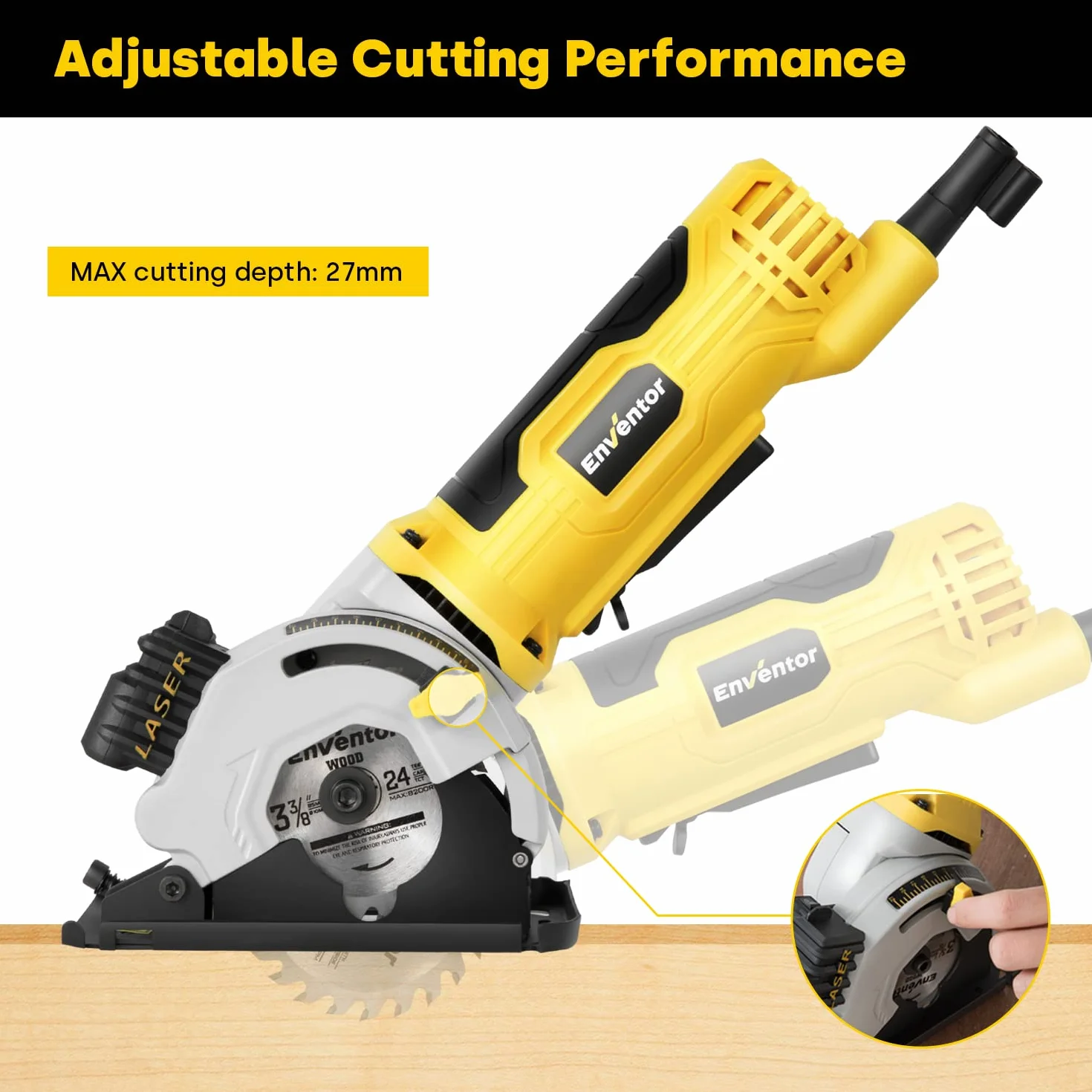 Enventor Mini Kreissäge 580W, Mini Handkreissäge mit Skalenlineal & Laserführung, 4000RPM, Einhändiges Halten, 3 Sägeblätter, für Holz, Fliesen, Kunststoff und dünne Metalle