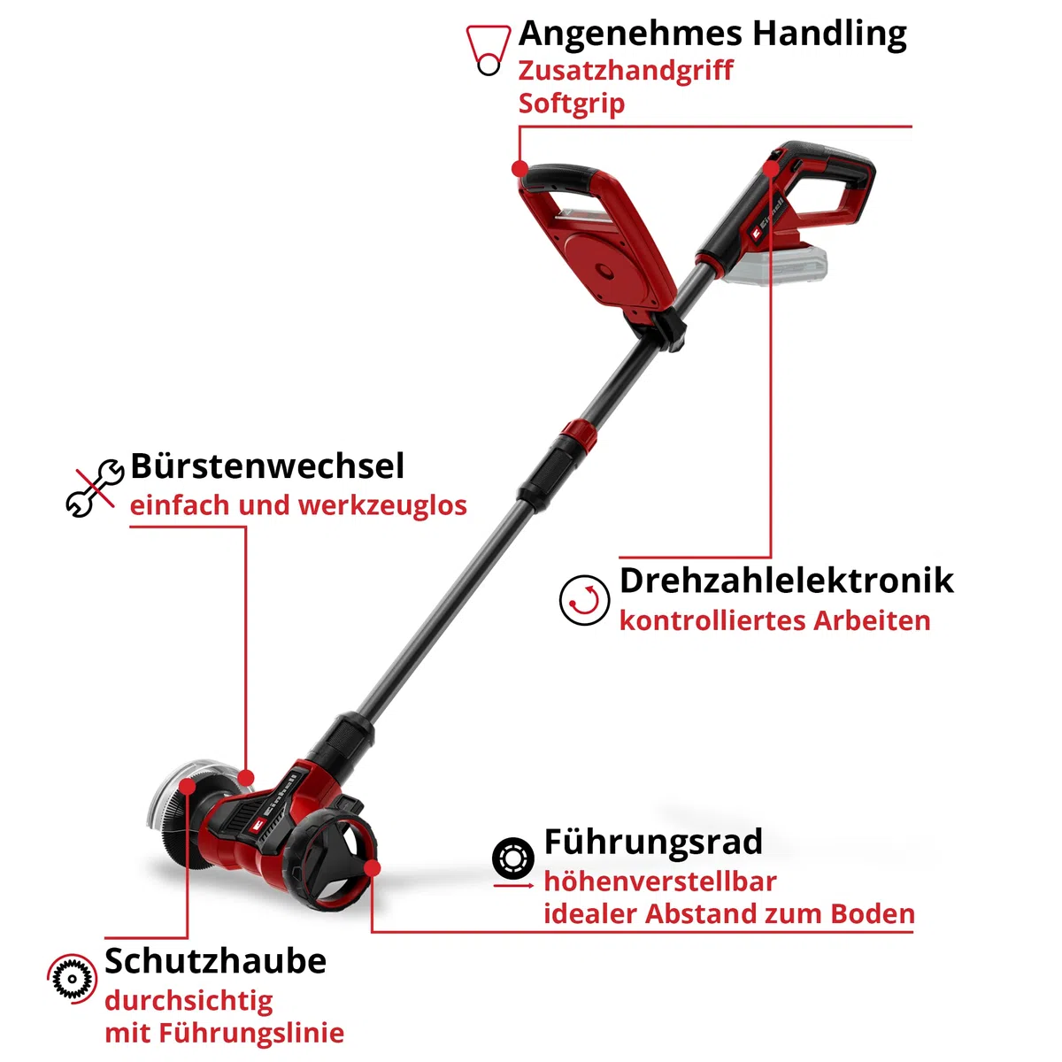 Einhell Akku-Fugenreiniger GE-CC 18/110 Li E-Solo Power X-Change (18 V, Führungsholm teleskopierbar, Zusatzhandgriff, Führungsrad verstellbar, inkl. 2x Bürsten, ohne Akku)