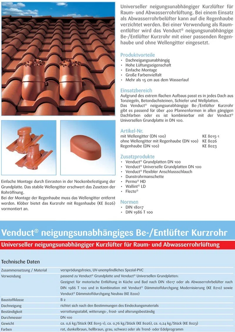 Stabilo-Sanitaer Klöber-Set11 Dachentlüftung DN100 braun kurz Biberschwanz Strangentlüftung Dachdurchführung Dachentlüfter Lüftungsziegel