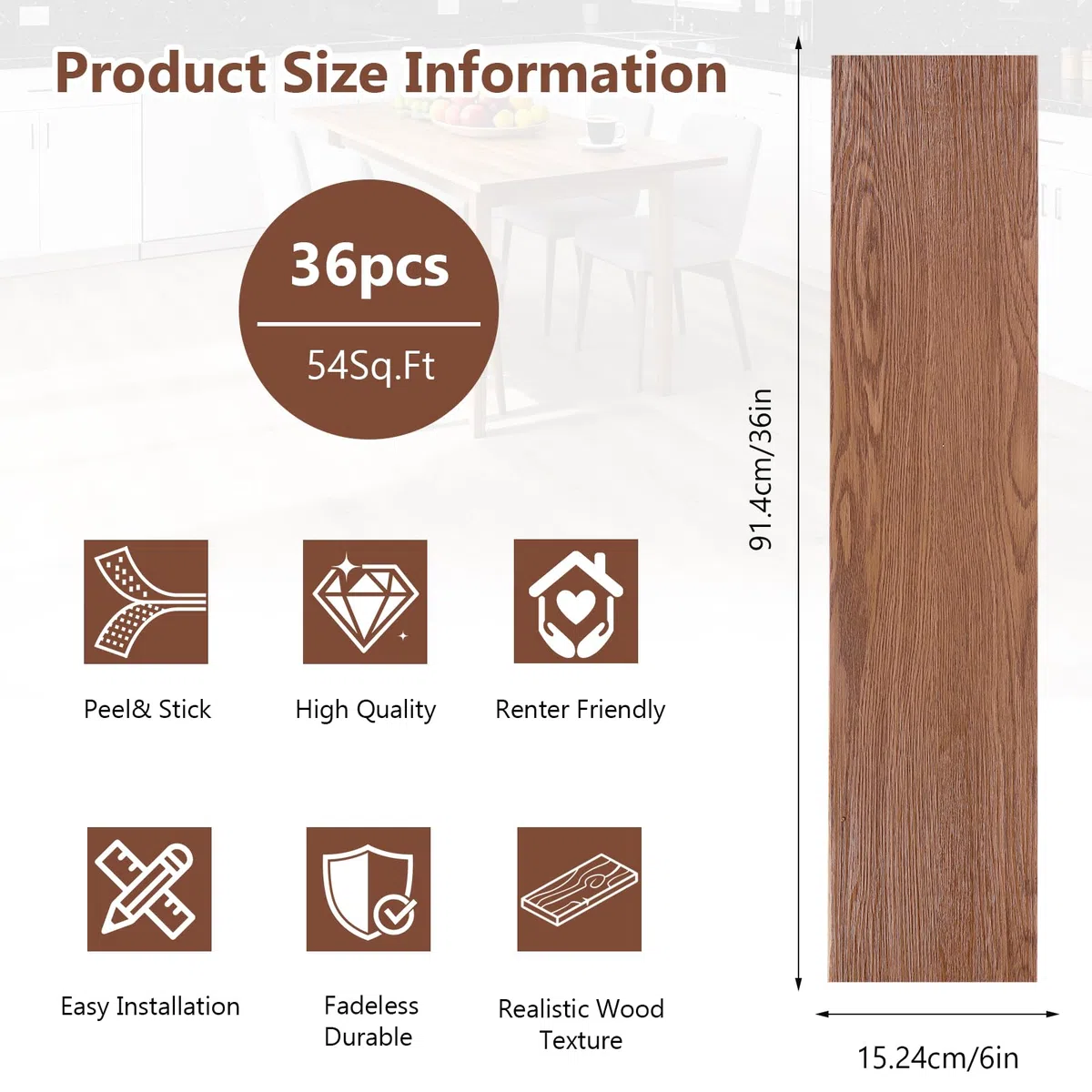 PVC Bodenbelag Selbstklebend, 36 Stück Vinylboden Selbstklebend mit Holzoptik, Wasserfest Bodenfliesen Selbstklebends für Küche Wohnzimmer Bodenbelag, 2.0mm, 5.02m², 15,24 cm x 91,44 cm (Dunkelbraun)