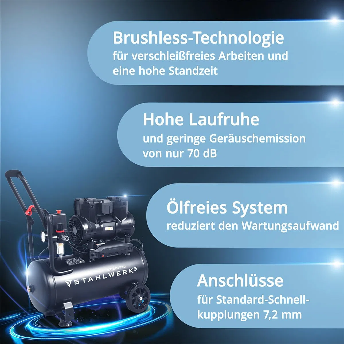 STAHLWERK Kompressor mit 30 L Tank (ST-310 Pro) – ölfrei & leise, 8 bar, 1,97 PS (1,45 kW), 250 l/min, 70 dB, Druckluftkompressor mit Brushless-Motoren, Silent-/Flüsterkompressor, Kolbenkompressor