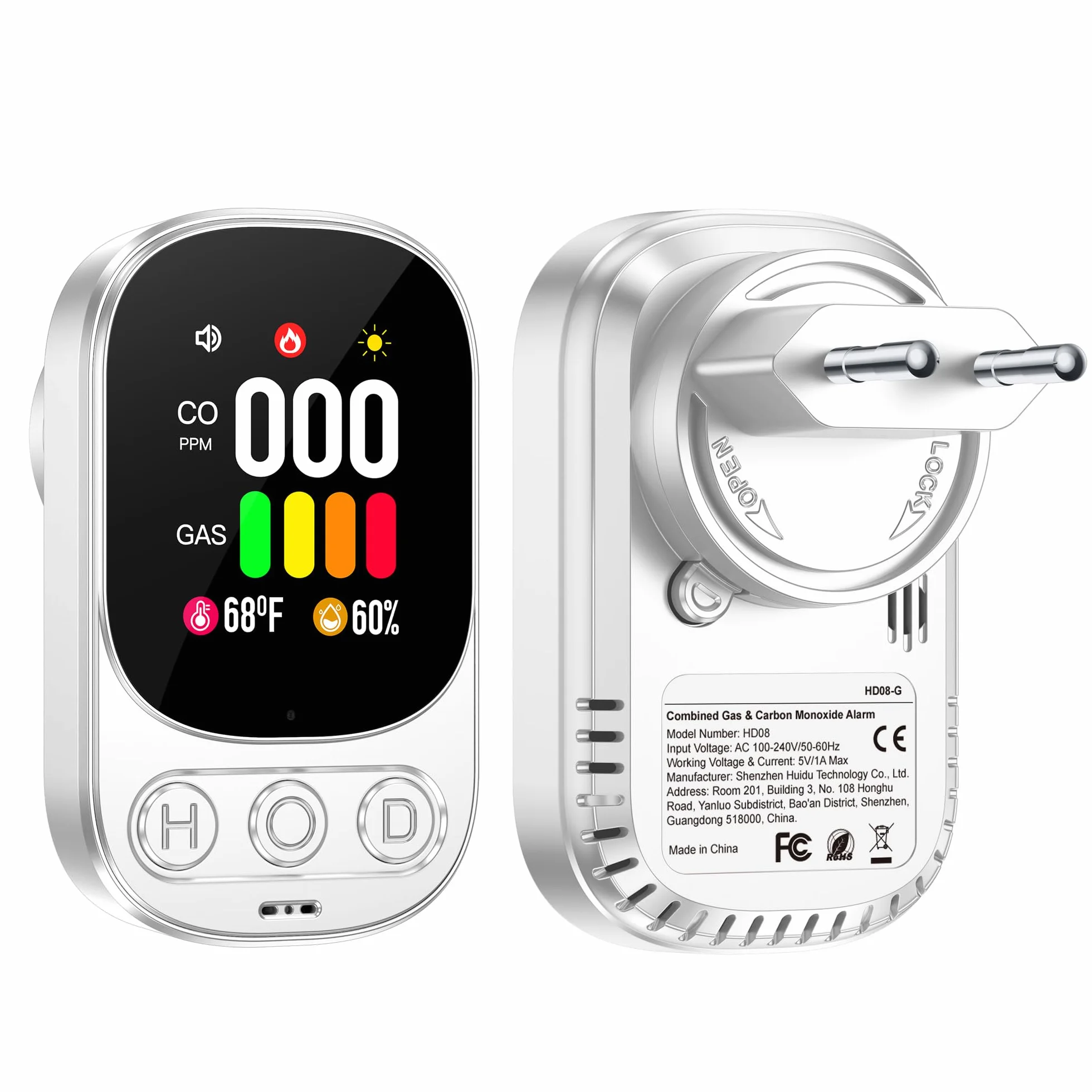Gas- und CO-Melder mit Stecker für Haus, Gasmelder Gasalarm, Kohlenmonoxidmelder CO-Warnmelder Warner Zuhause, Brenngasmelder für Erdgas LPG Methan Propan Butan, Weiß, HD08-G
