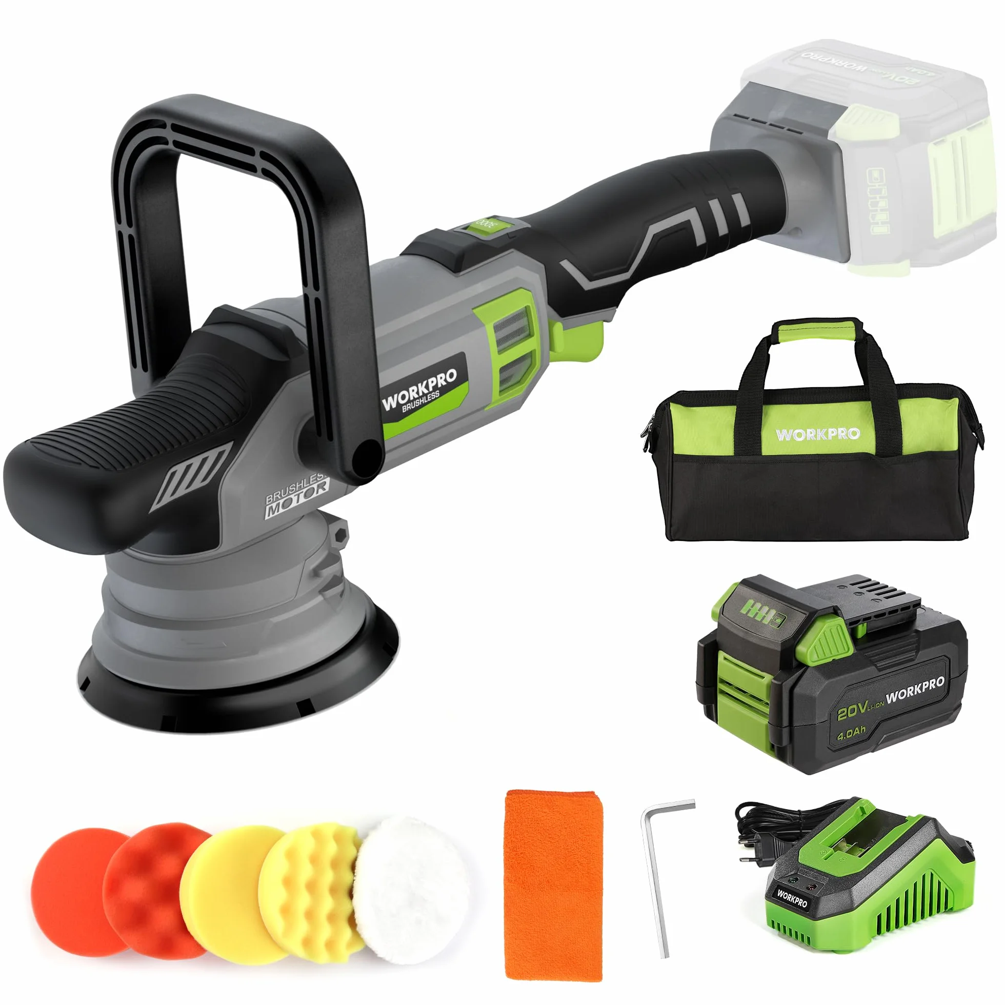 WORKPRO 20V Akku Poliermaschine, Auto Poliermaschine Polierer Kabellos mit 7 Geschwindigkeiten (2000-5000 RPM), 1 x 4,0Ah Batterie, Doppelter Wirkung, Mit Aufbewahrungstasche, Für Auto, Böden, Fliesen
