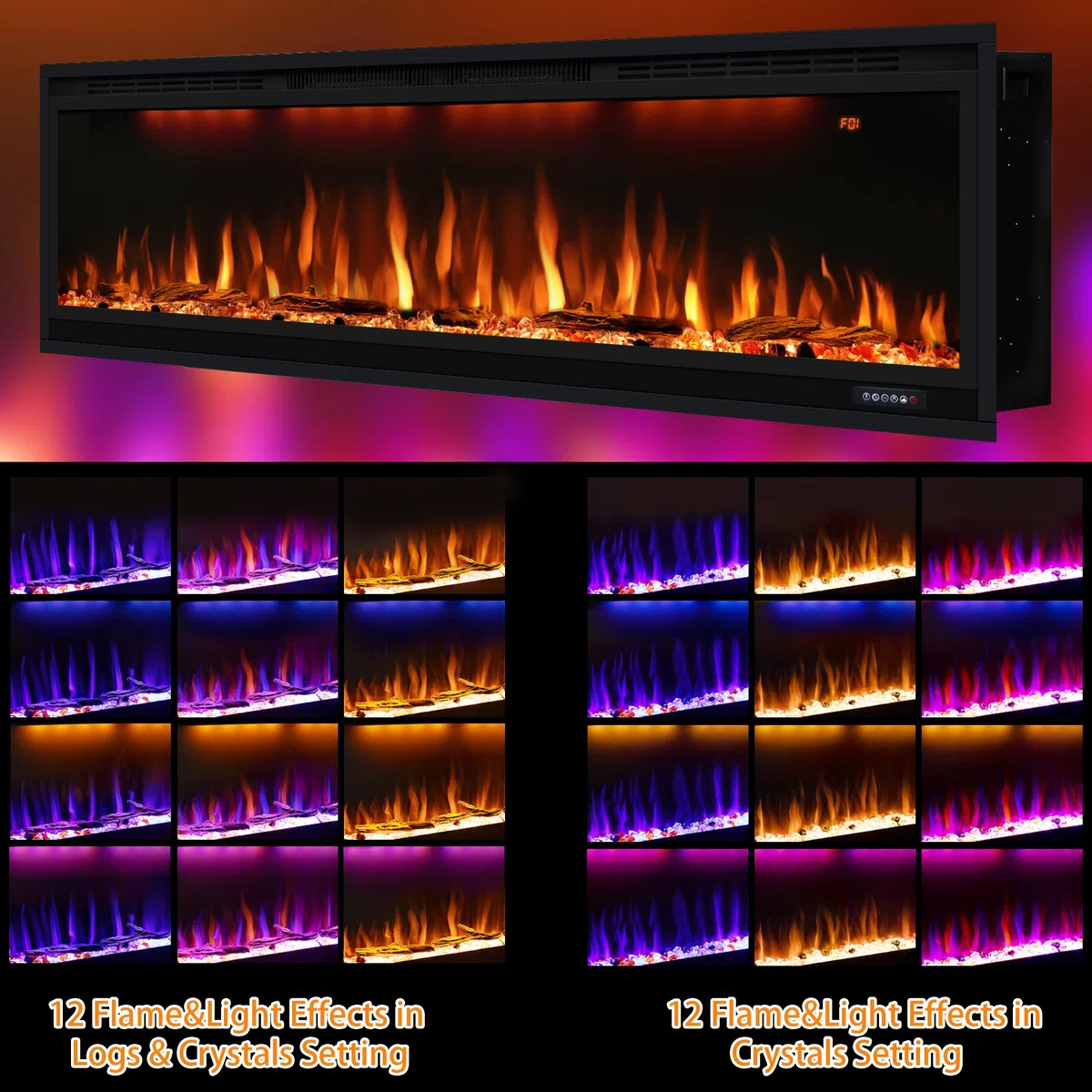 Elektrischer Kamin, schmaler Einbaukamin mit Fernbedienung, mehrfarbige Flammeneffekte mit realistischen Holzscheiten, Thermostat mit Timer, 750/1500 W, Schwarz