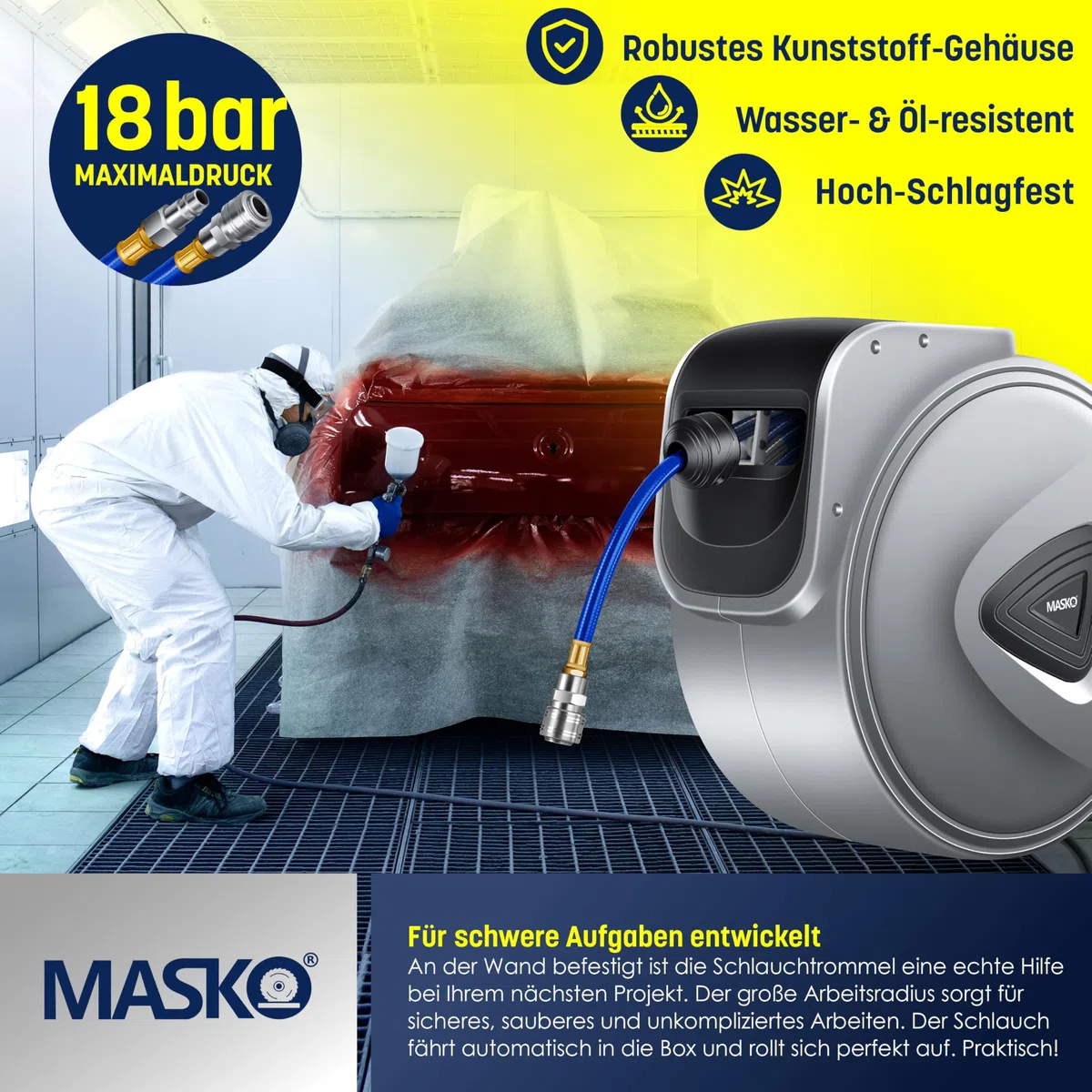 MASKO® Automatik Druckluftschlauch Aufroller 30m – Schlauchtrommel mit 1/4" Anschluss, Schlauchaufroller, Wandhalterung, Tragegriff, 180° schwenkbar, Schlauchbremse, vormontiert/sofort einsatzbereit