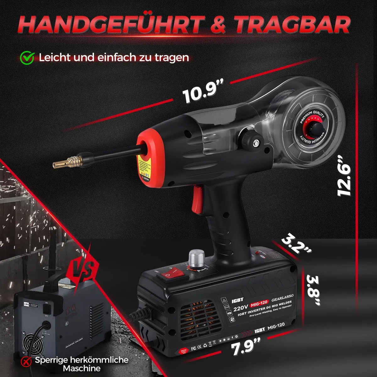 Handgehaltenes MIG-Schweißgerät, 220 V, 20–120 A, tragbares Flux Core-Schweißgerät, tragbares Flux-MIG-Schweißgerät, gasloses MIG-Schweißgerät