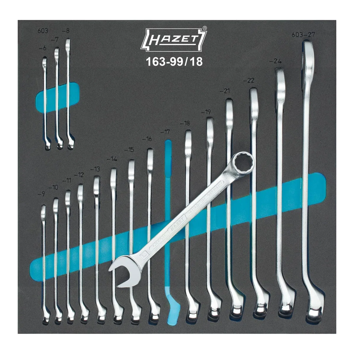 Hazet Ring-Maulschlüssel-Satz 163-99/18, Länge 344 mm, Breite 342 mm | Abtrieb Außen-Tractionsprofil Doppelsechskant, DIN 3113 Form B, ISO 3318, ISO 7738, ≈ DIN EN 3709, Länge 344 mm, Höhe 70 mm
