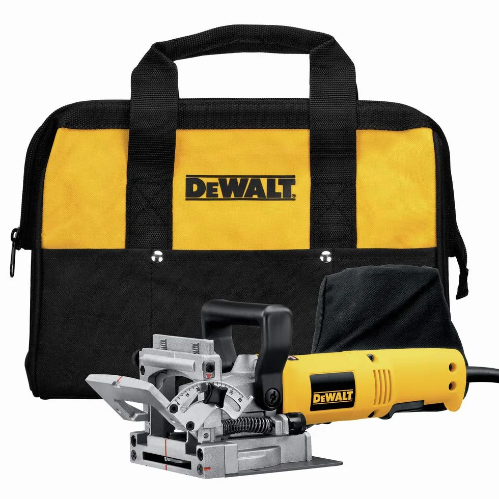 Dewalt 600 Watt Lamellendübelfräse DW682K (zum Erstellen von Flachdübelverbindungen in Holz u. Holzwerkstoff, max. Frästiefe: 20 mm, max. Fräs-ø: 102 mm, 4 mm Nutfräser, Spänefangsack, Koffer)