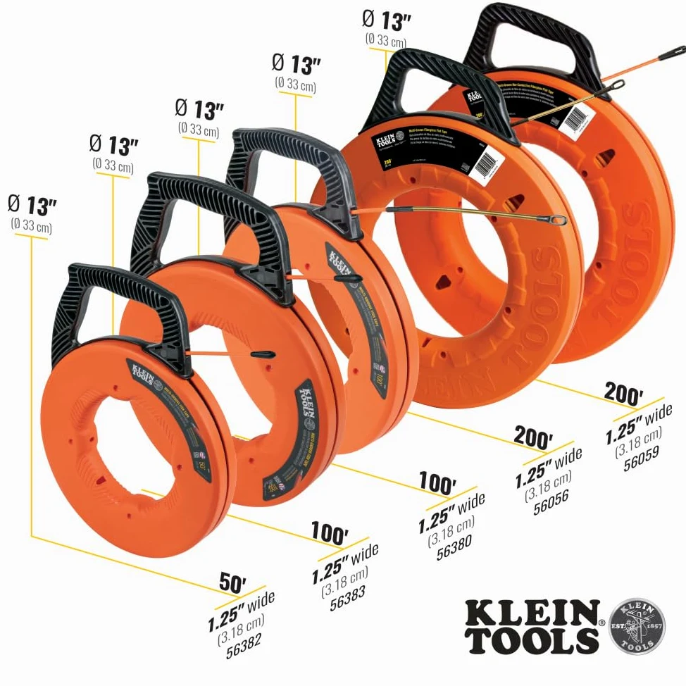Klein Tools 56382 | Kabelziehband mit Mehrfachrillen aus Fiberglas 15 m | Fish Tape mit Nylonspitze für reibungsarmes Einziehen von Leitungen | Robustes Zugband für Leerrohre und Installationen