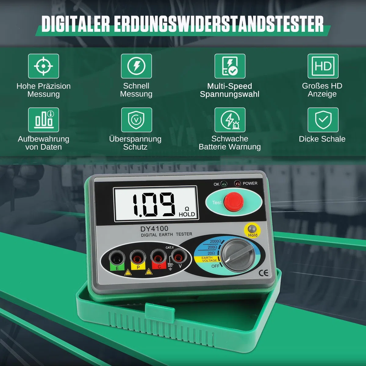 Digitaler Erdungswiderstandsprüfer 0~2000Ω Erdwiderstandstester, Datenspeicher, Erinnerung an schwache Batterie Ohm Real Megohmmeter Earth Resistance Meter
