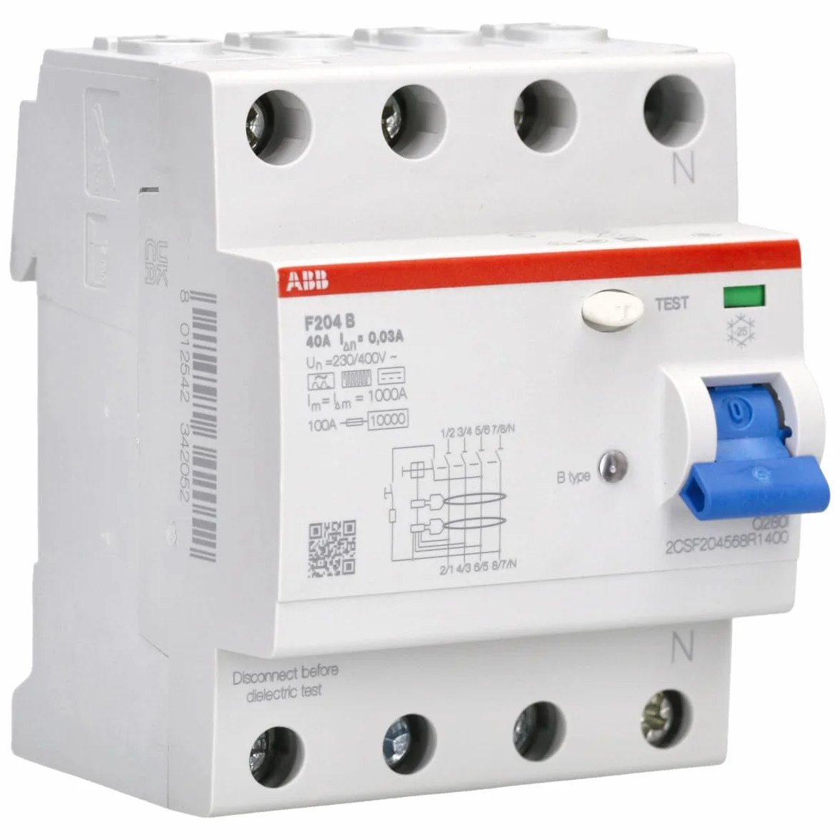 ABB F204 B-40/0.03 FI-Schutzschalter Typ B – RCD 4-polig, 40 A, 30 mA, allstromsensitiv, 10 kA, 4TE, für PV & Frequenzumrichter 2CSF204568R1400