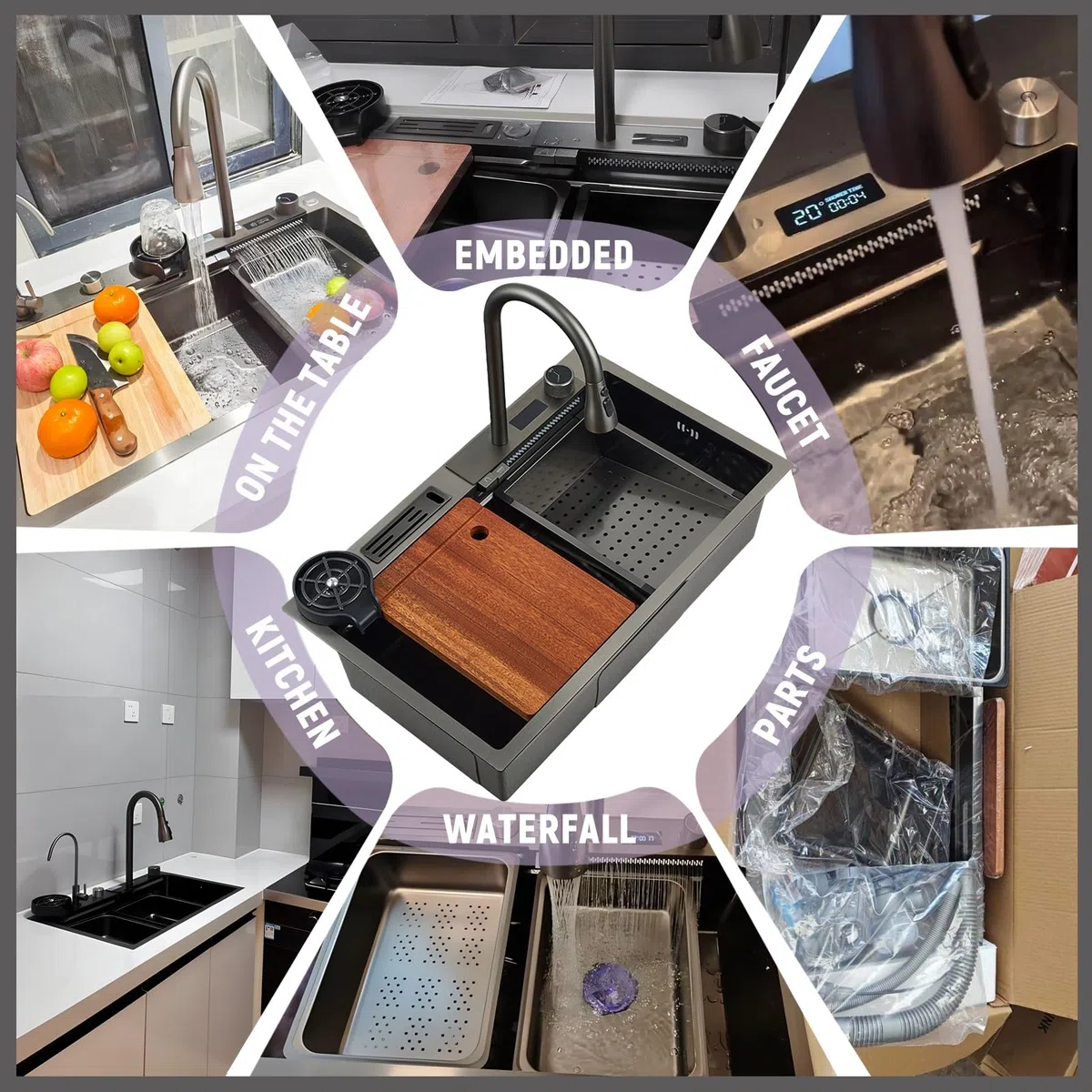 75X45cm Wasserfall spüle, Multifunktionale Spülbecken Schwarz, 1 Becken Spüle Küche Edelstahl Rechteck mit Zubehör wie Abflusskörbe, Siphon, Über- und Ablauf-Set