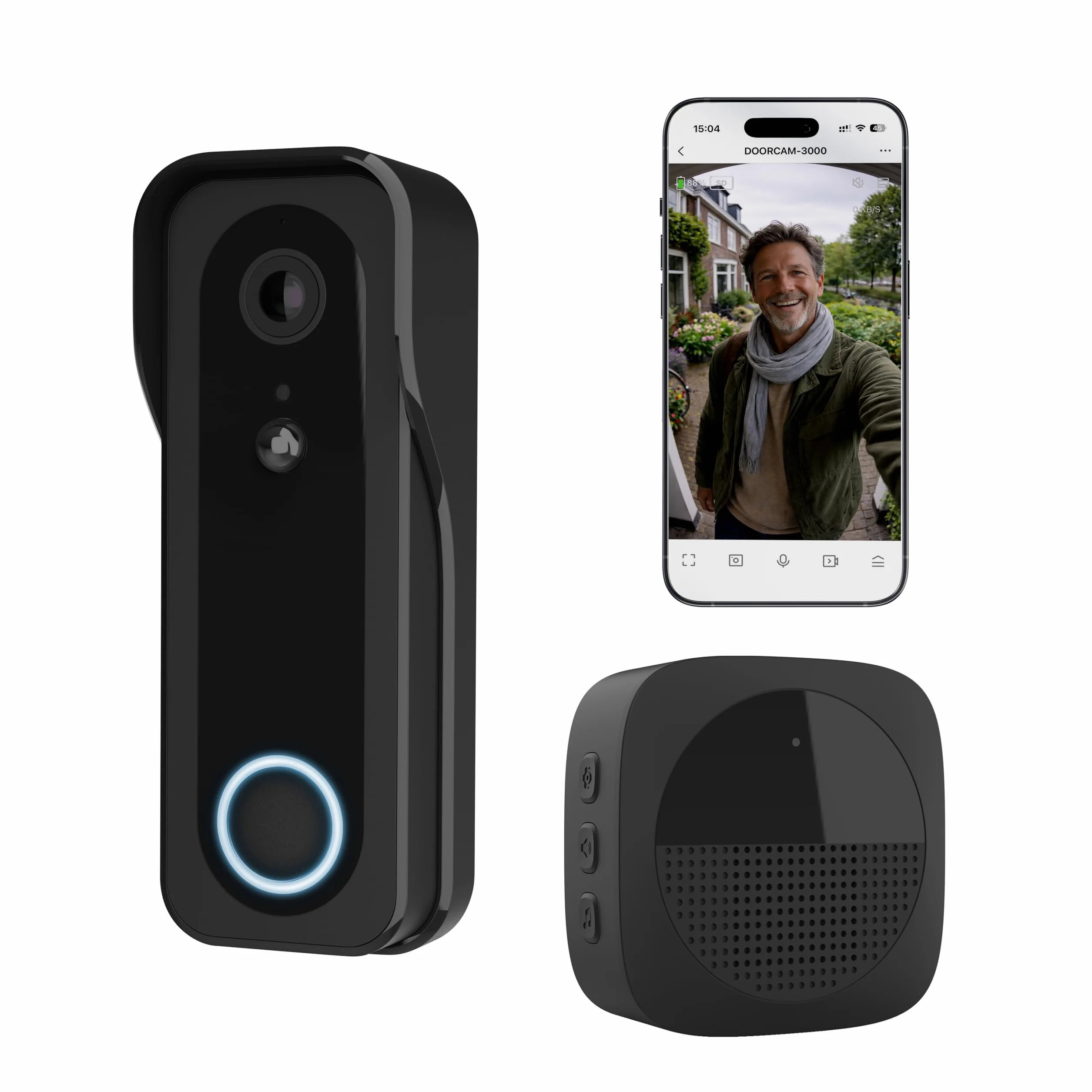 Trust Wi-Fi Video Türklingel mit Chime Kamera 2K HD 3MP Weitwinkel, Smarte Kabellose Video Doorbell mit Gong 30 Melodien, Kompatibel mit App, Wiederaufladbar USB-C, Nachtsicht, Wasserdicht, Schwarz