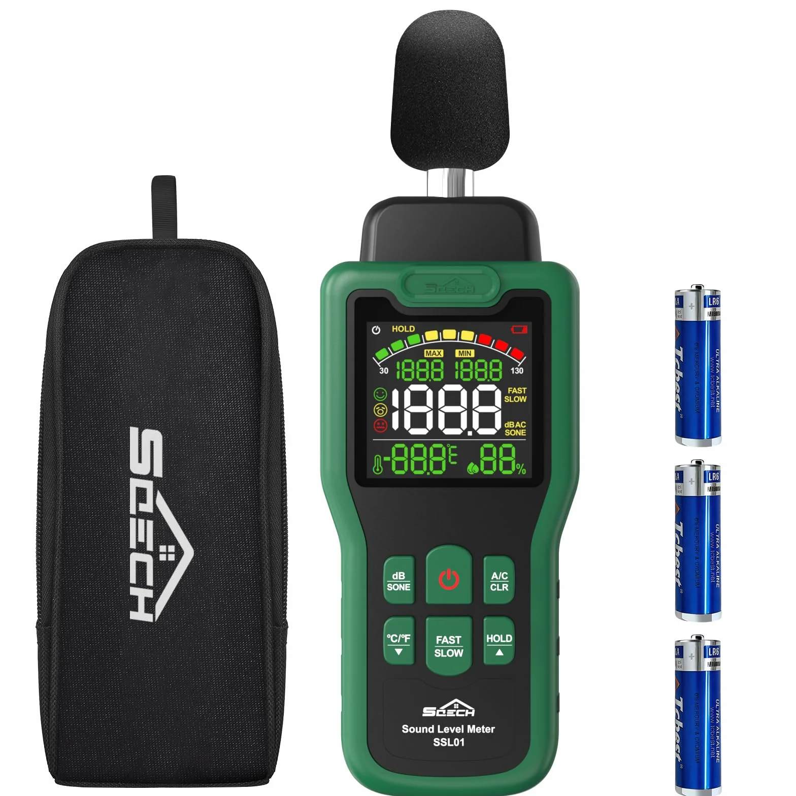 Dezibel Messgerät, SQECH Schallpegelmessgerät mit Temperatur und Feuchtigkeit Schallpegelmesser mit Farbigem Hintergrundlichtdisplay A/C Bewertung dB/SONE Einheit Schnelle/Langsame Reaktion 30–130dB